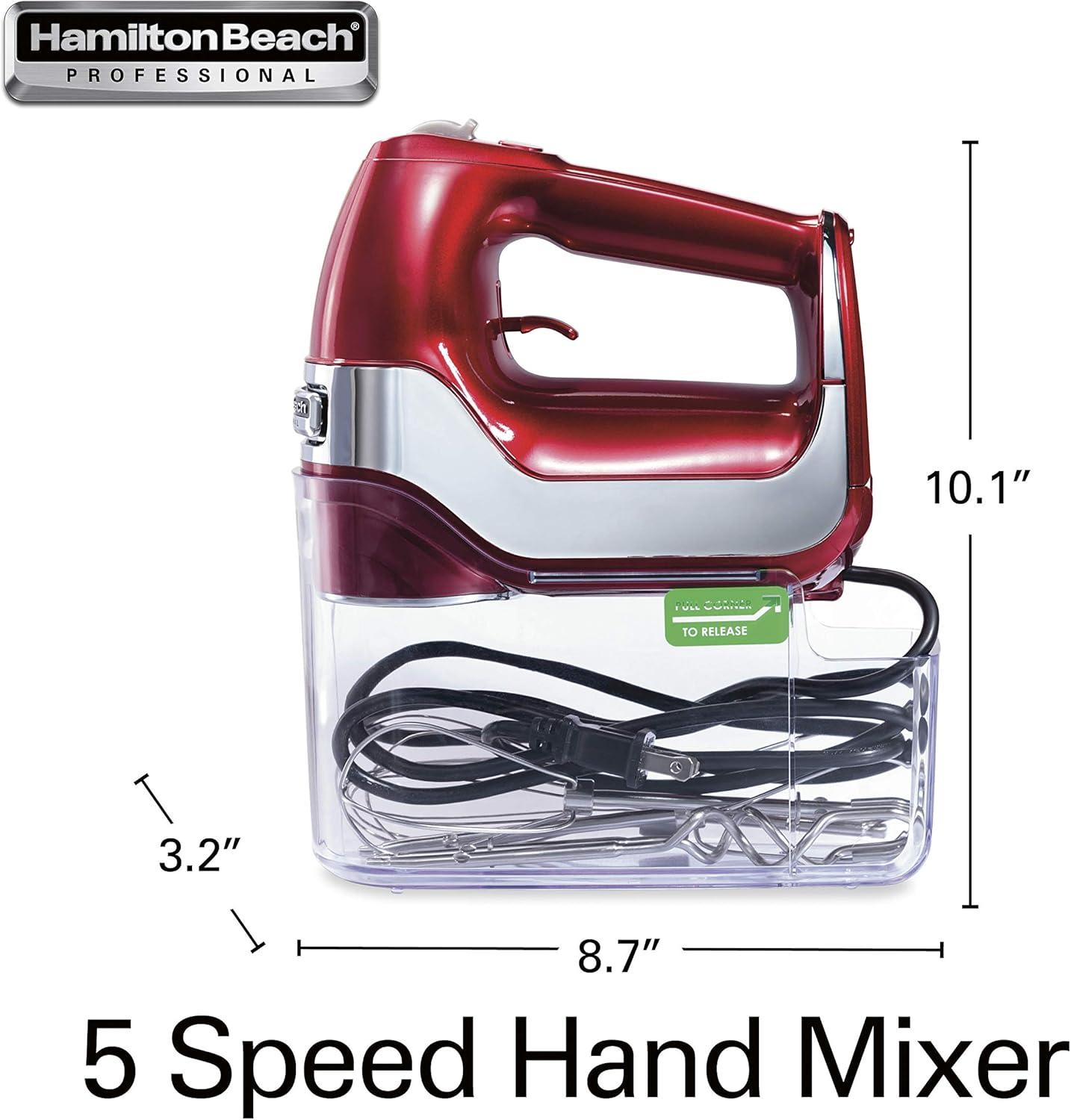 imageHamilton Beach Professional 5Speed Electric Hand Mixer with HighPerformance DC Motor Slow Start SnapOn Storage Case Stainless Steel Beaters Dough Hooks amp Whisk Red and Chrome 62653Red and Chrome