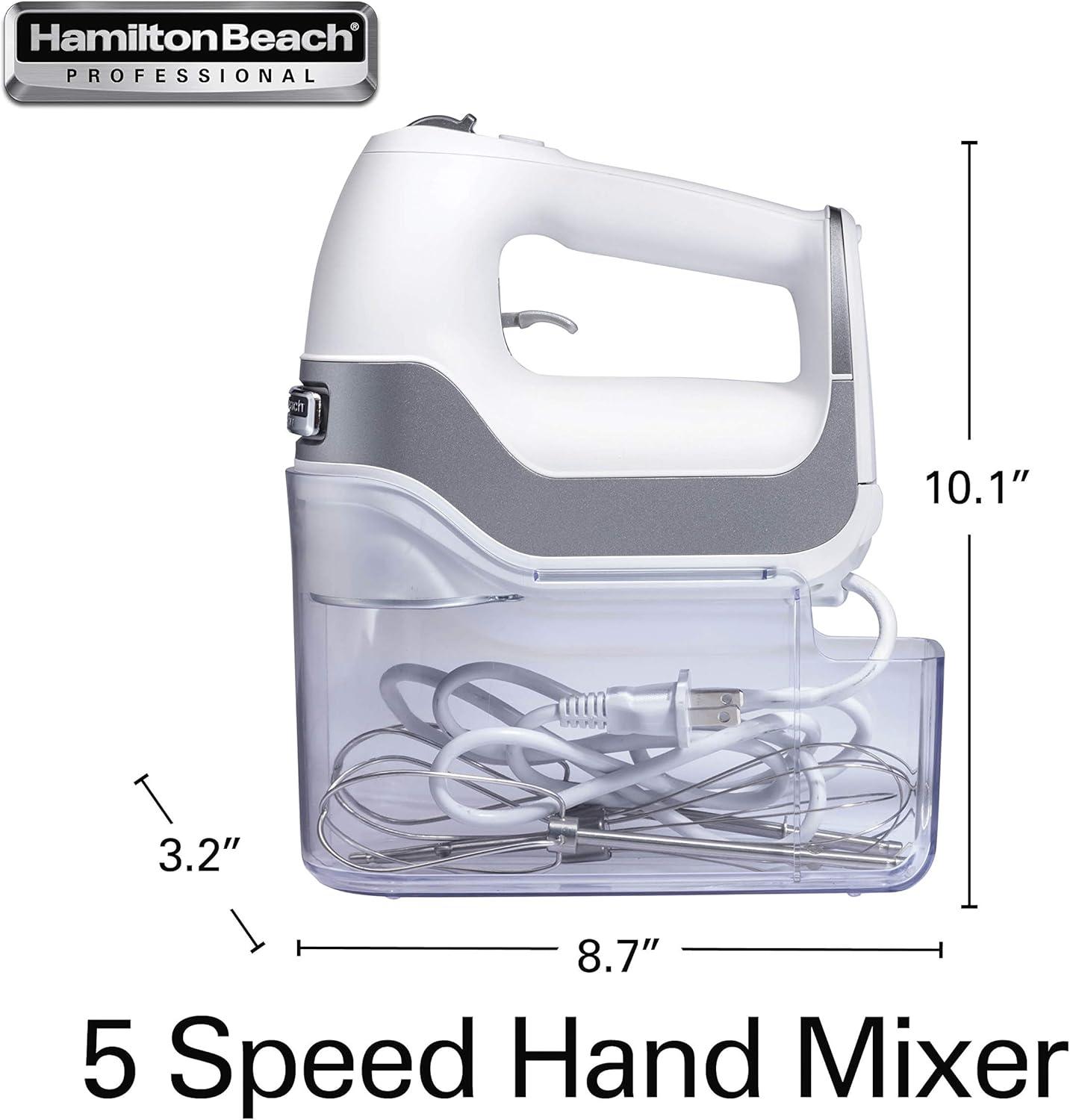 imageHamilton Beach Professional 5Speed Electric Hand Mixer with HighPerformance DC Motor Slow Start SnapOn Storage Case Stainless Steel Beaters Dough Hooks amp Whisk Red and Chrome 62653White