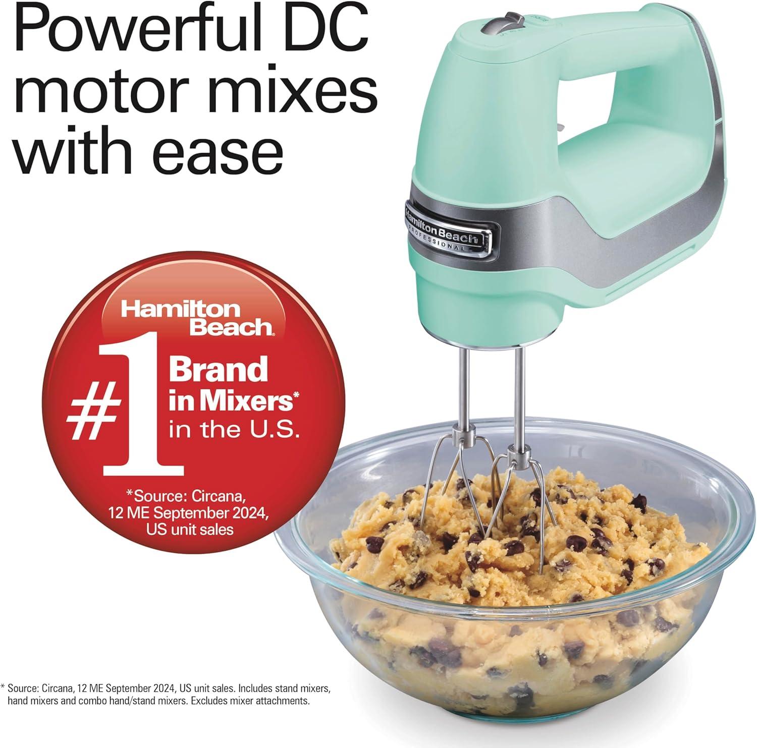 imageHamilton Beach Professional 5Speed Electric Hand Mixer with HighPerformance DC Motor Slow Start SnapOn Storage Case Stainless Steel Beaters Dough Hooks amp Whisk Red and Chrome 62653Mint