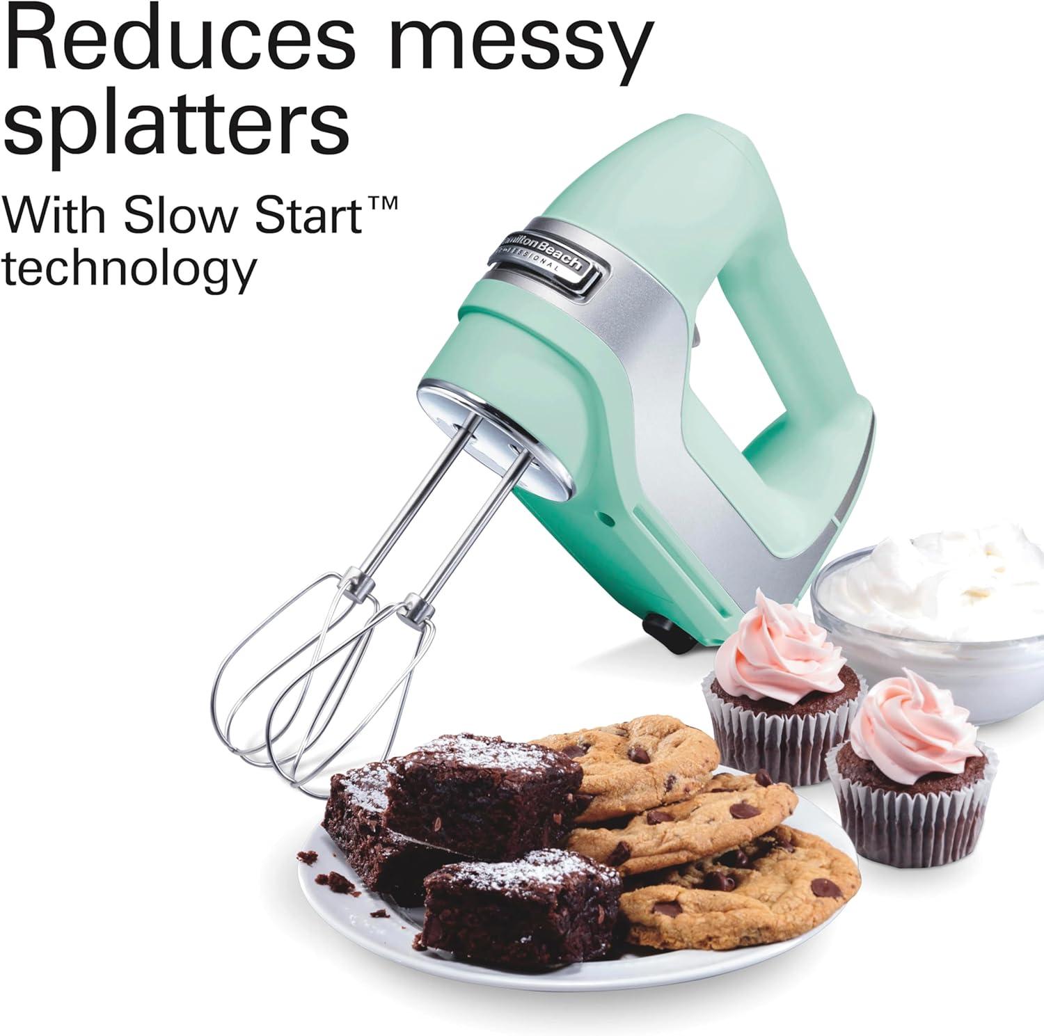 imageHamilton Beach Professional 5Speed Electric Hand Mixer with HighPerformance DC Motor Slow Start SnapOn Storage Case Stainless Steel Beaters Dough Hooks amp Whisk Red and Chrome 62653Mint
