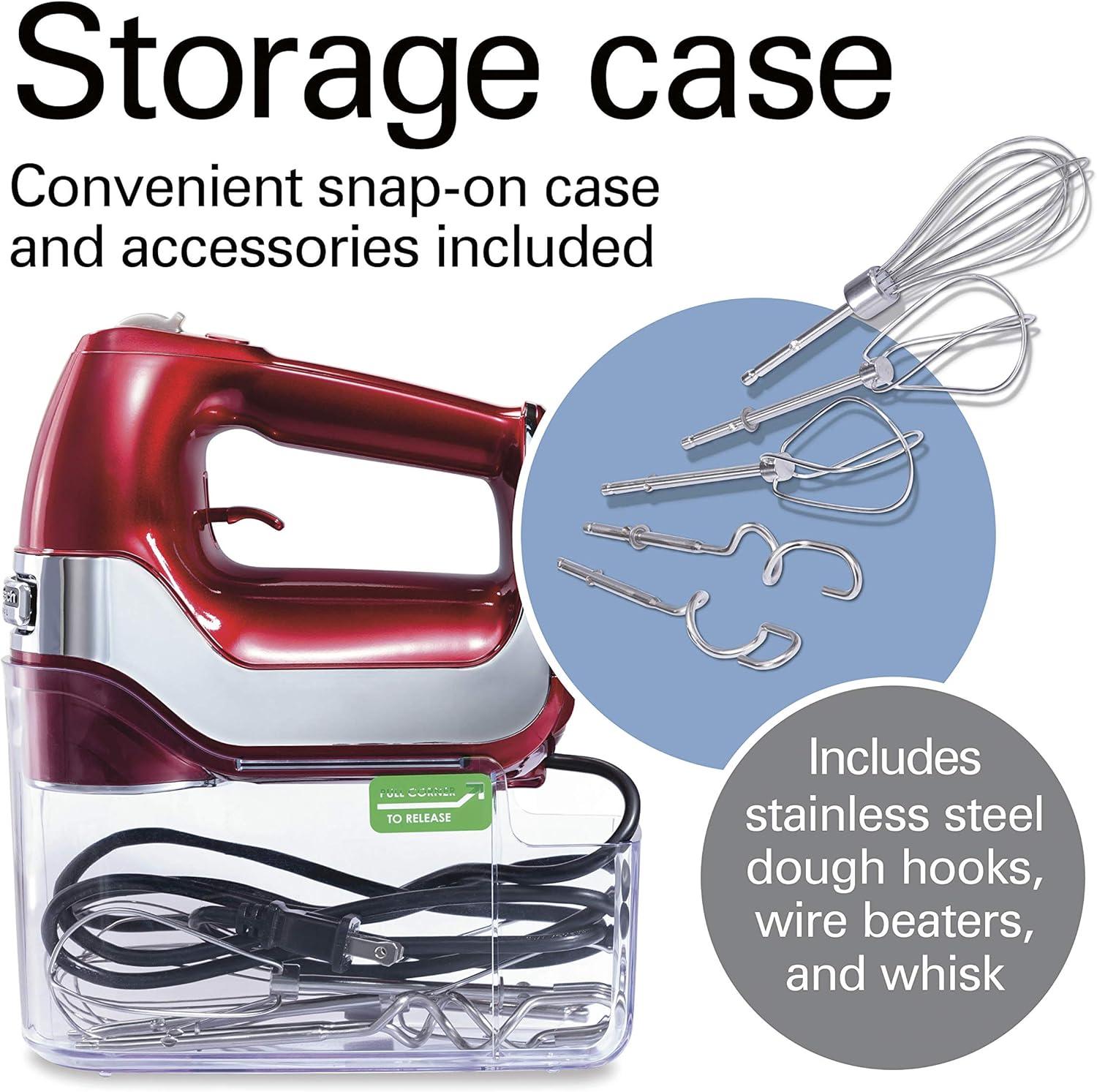 imageHamilton Beach Professional 5Speed Electric Hand Mixer with HighPerformance DC Motor Slow Start SnapOn Storage Case Stainless Steel Beaters Dough Hooks amp Whisk Red and Chrome 62653Red and Chrome