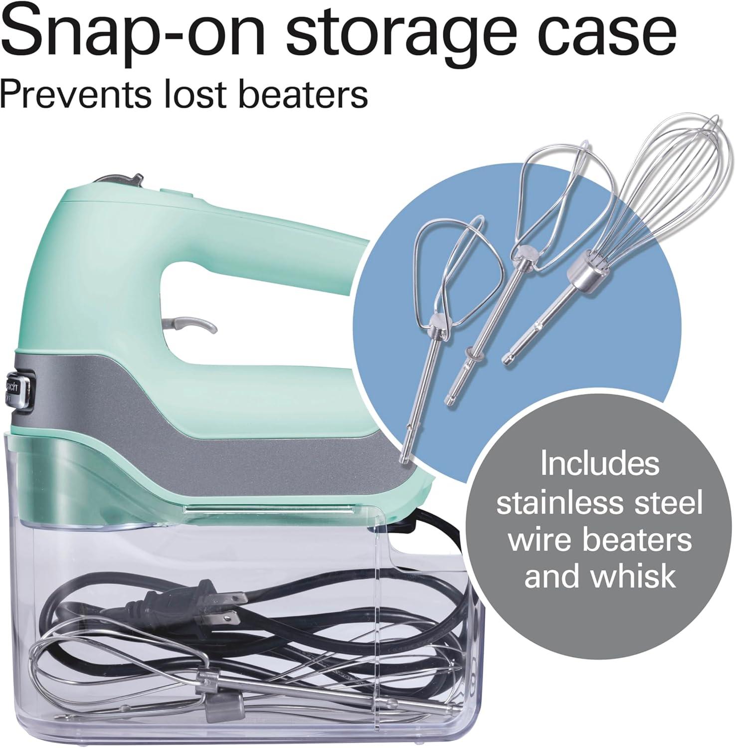 imageHamilton Beach Professional 5Speed Electric Hand Mixer with HighPerformance DC Motor Slow Start SnapOn Storage Case Stainless Steel Beaters Dough Hooks amp Whisk Red and Chrome 62653Mint