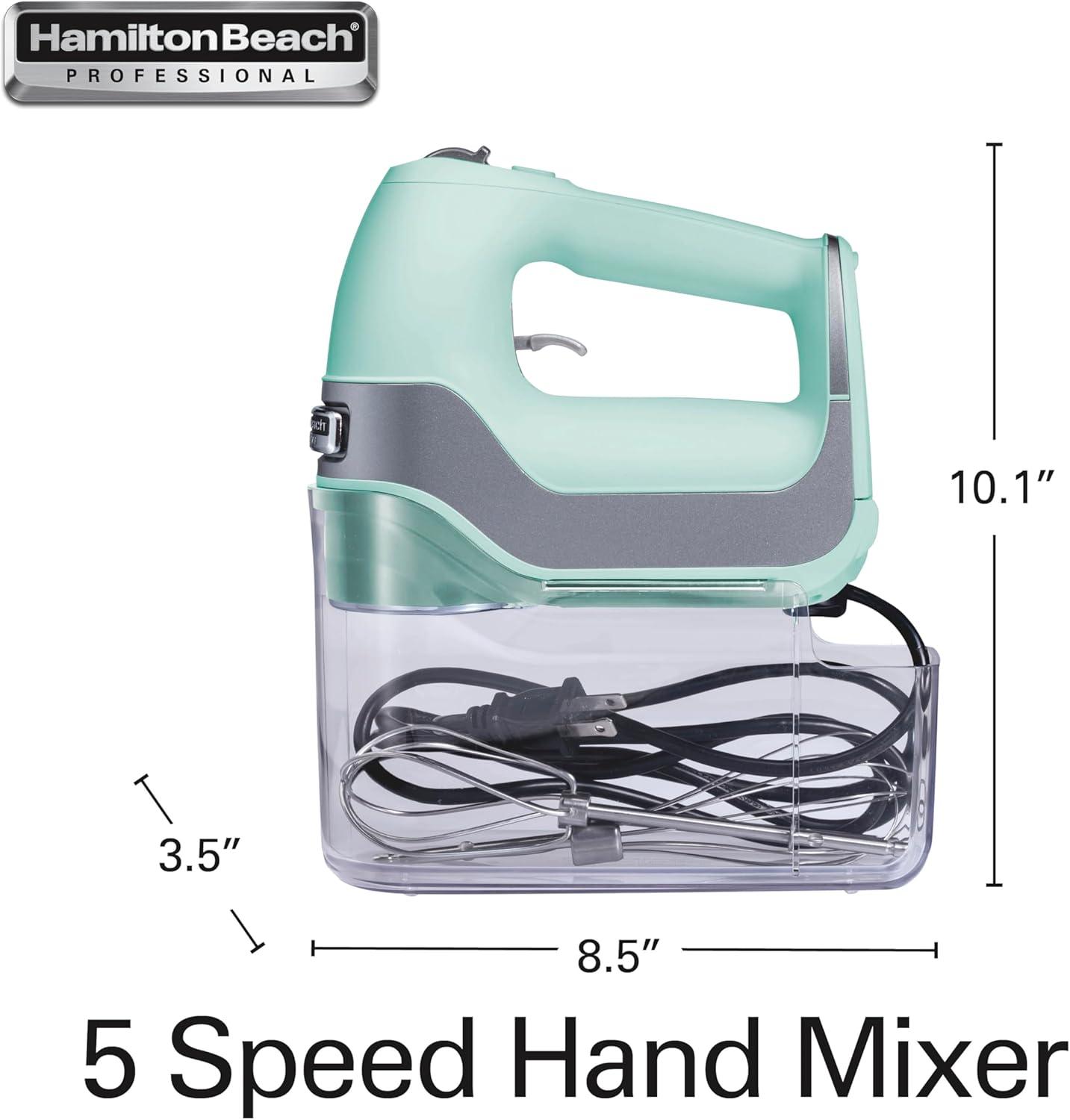 imageHamilton Beach Professional 5Speed Electric Hand Mixer with HighPerformance DC Motor Slow Start SnapOn Storage Case Stainless Steel Beaters Dough Hooks amp Whisk Red and Chrome 62653Mint