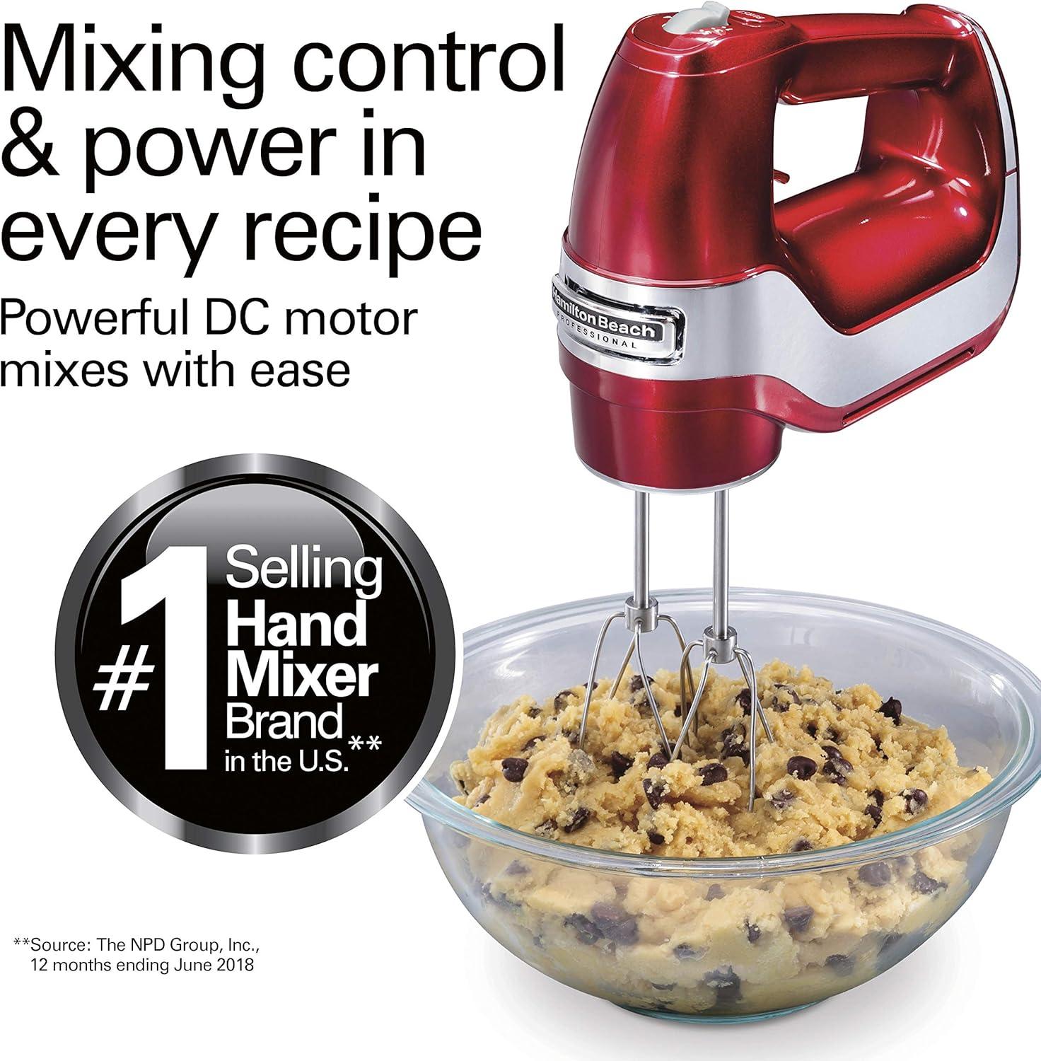 imageHamilton Beach Professional 5Speed Electric Hand Mixer with HighPerformance DC Motor Slow Start SnapOn Storage Case Stainless Steel Beaters Dough Hooks amp Whisk Red and Chrome 62653Red and Chrome