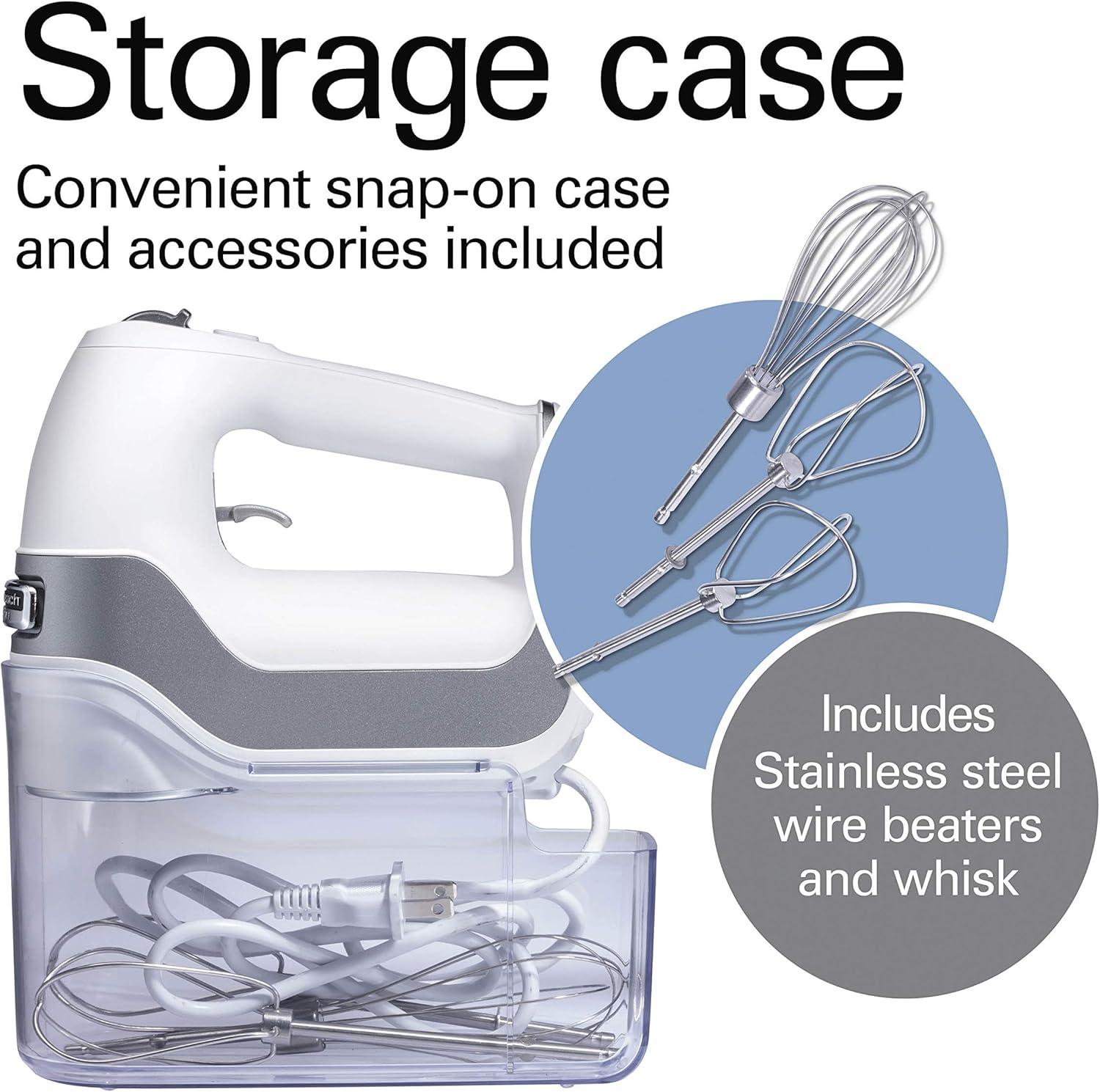 imageHamilton Beach Professional 5Speed Electric Hand Mixer with HighPerformance DC Motor Slow Start SnapOn Storage Case Stainless Steel Beaters Dough Hooks amp Whisk Red and Chrome 62653White