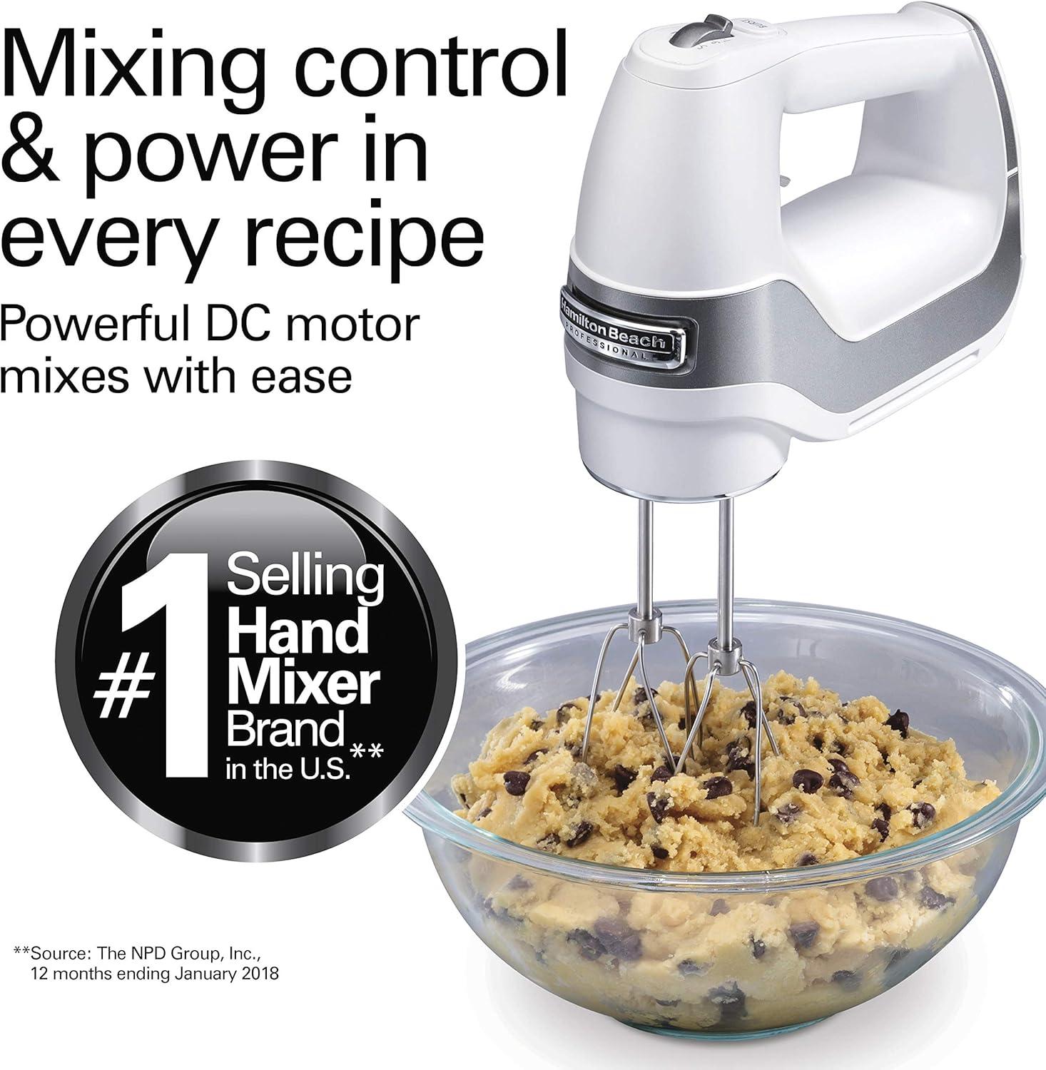 imageHamilton Beach Professional 5Speed Electric Hand Mixer with HighPerformance DC Motor Slow Start SnapOn Storage Case Stainless Steel Beaters Dough Hooks amp Whisk Red and Chrome 62653White