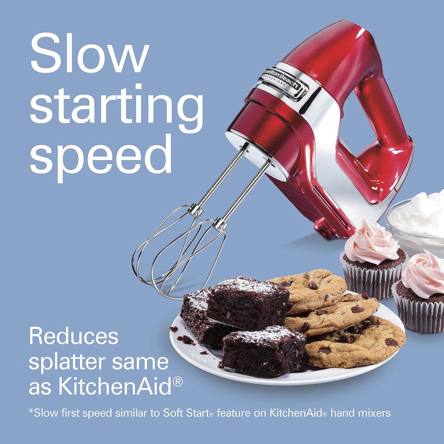 imageHamilton Beach Professional 5Speed Electric Hand Mixer with HighPerformance DC Motor Slow Start SnapOn Storage Case Stainless Steel Beaters Dough Hooks amp Whisk Red and Chrome 62653Red and Chrome