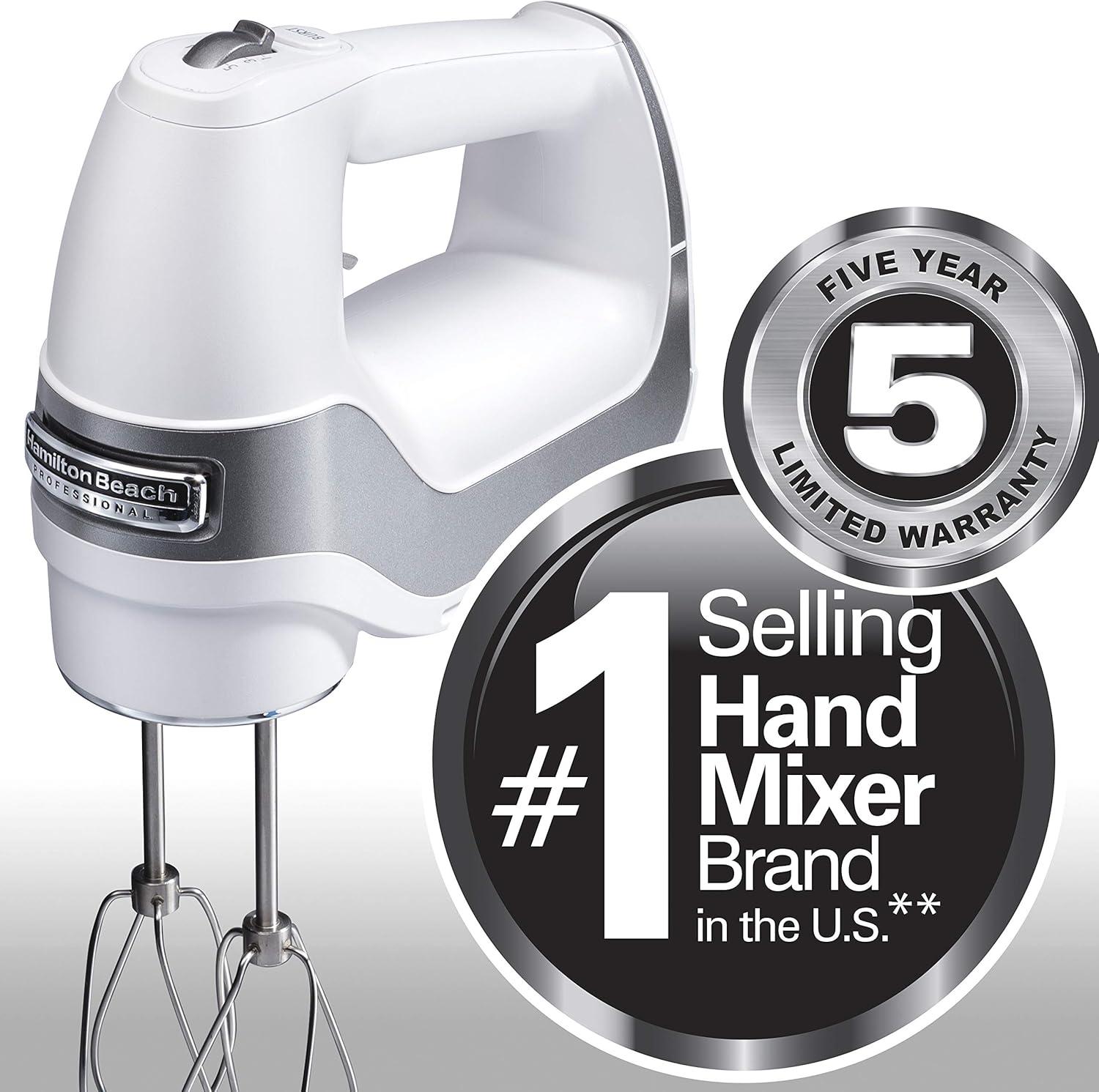 imageHamilton Beach Professional 5Speed Electric Hand Mixer with HighPerformance DC Motor Slow Start SnapOn Storage Case Stainless Steel Beaters Dough Hooks amp Whisk Red and Chrome 62653White