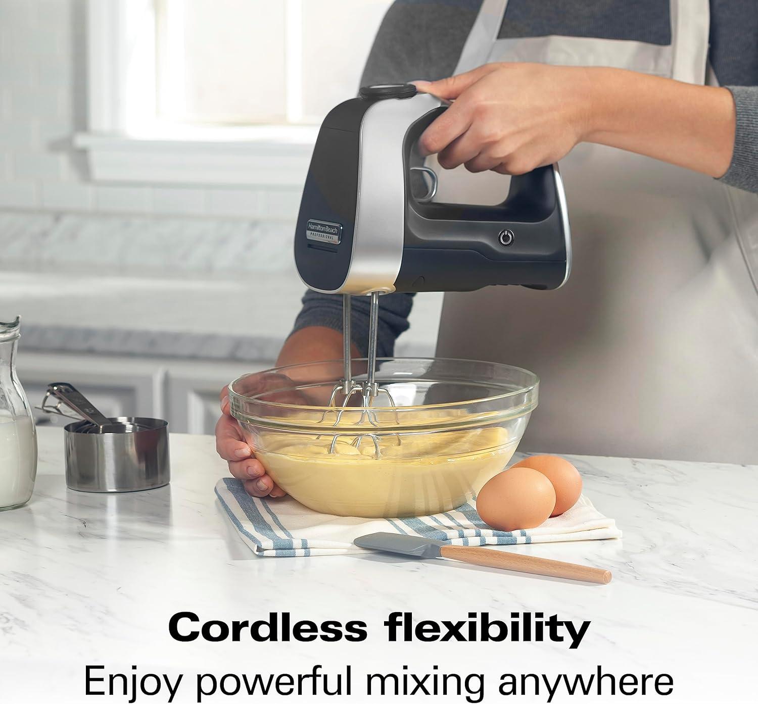 imageHamilton Beach Professional Cordless Electric Hand Mixer with Infinite Speed Control Powerful DC Motor for Effortless Mixing Quick Recharging LCD Screen Whisk Storage Case Black 62673
