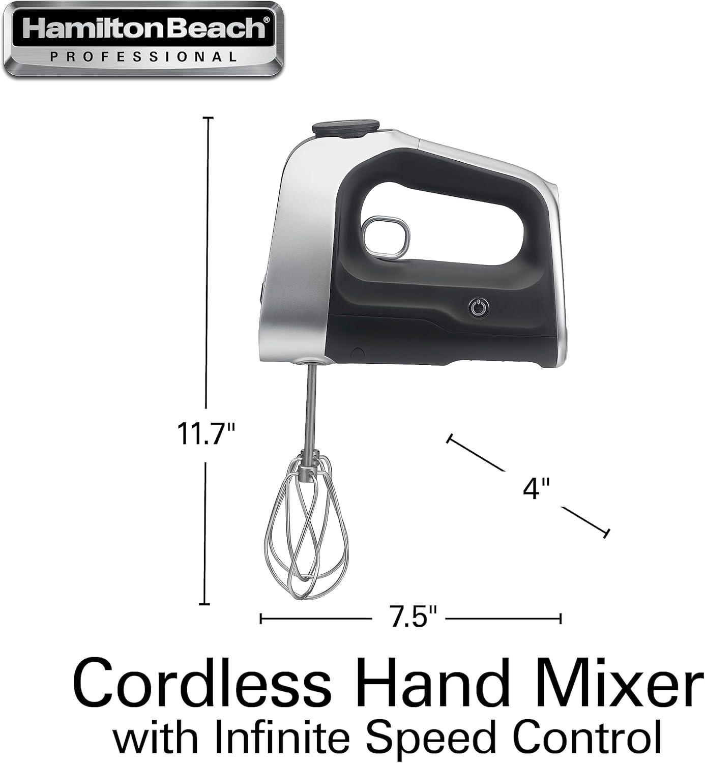 imageHamilton Beach Professional Cordless Electric Hand Mixer with Infinite Speed Control Powerful DC Motor for Effortless Mixing Quick Recharging LCD Screen Whisk Storage Case Black 62673