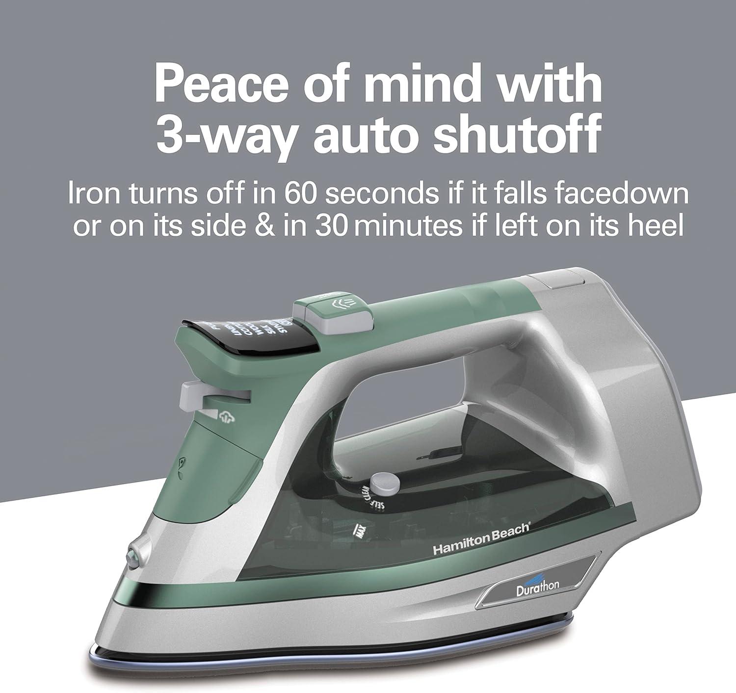 imageHamilton Beach Steam Iron amp Vertical Steamer for Clothes with ScratchResistant Durathon Soleplate Digital Fabric Selector 8 Retractable Cord 3Way Auto Shutoff AntiDrip 1800 Watts Green1800 Watts