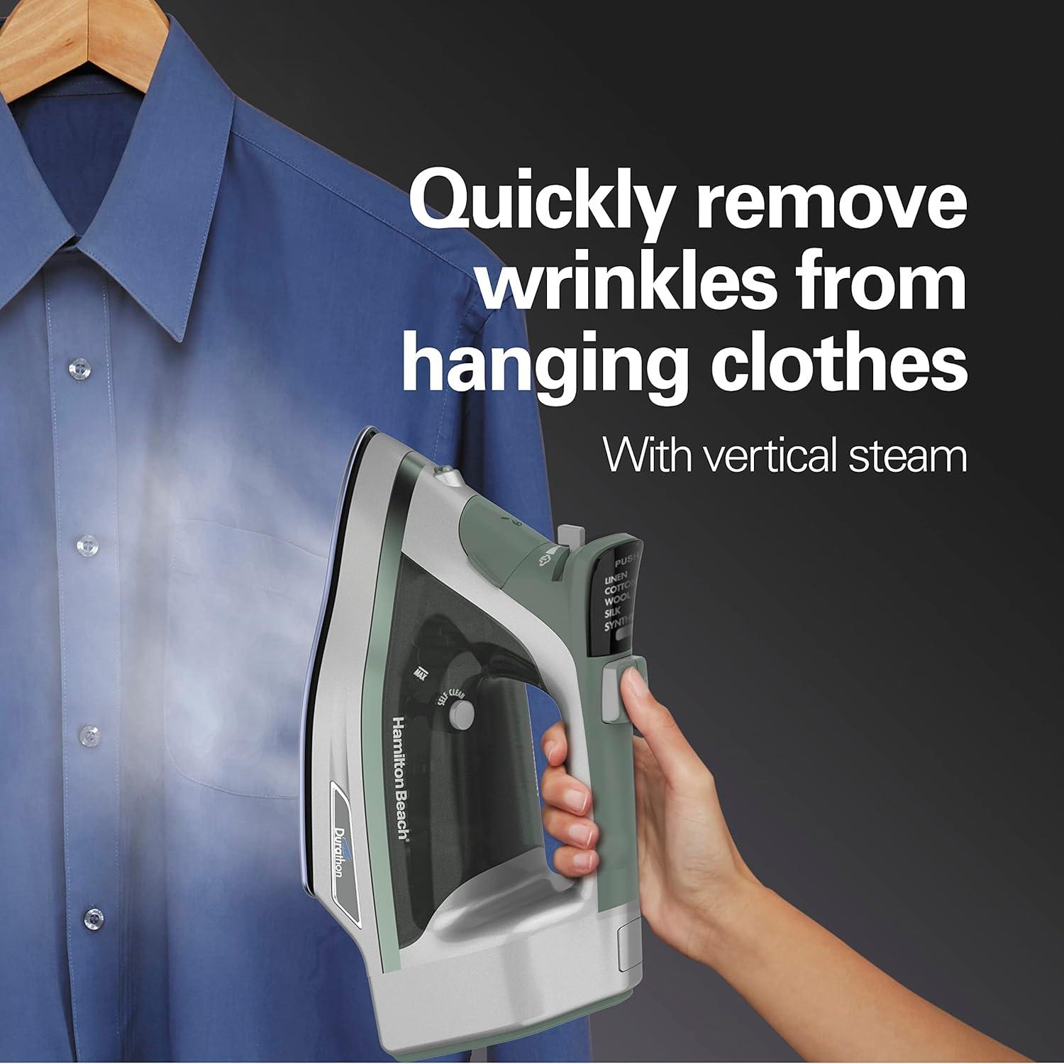 imageHamilton Beach Steam Iron amp Vertical Steamer for Clothes with ScratchResistant Durathon Soleplate Digital Fabric Selector 8 Retractable Cord 3Way Auto Shutoff AntiDrip 1800 Watts Green1800 Watts