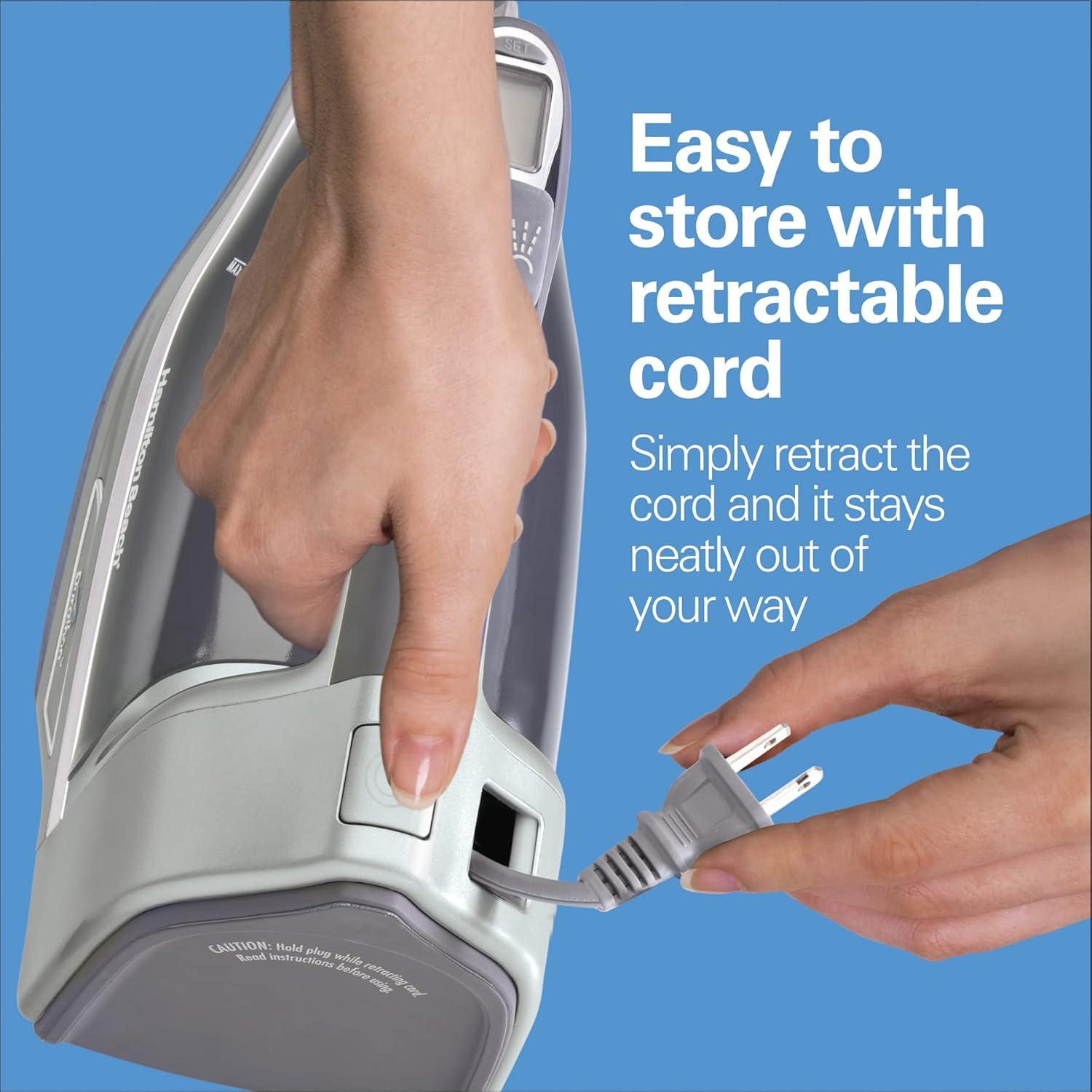 imageHamilton Beach Steam Iron amp Vertical Steamer for Clothes with ScratchResistant Durathon Soleplate Digital Temperature Control 8 Retractable Cord 3Way Auto Shutoff AntiDrip 1700 Watts Silver