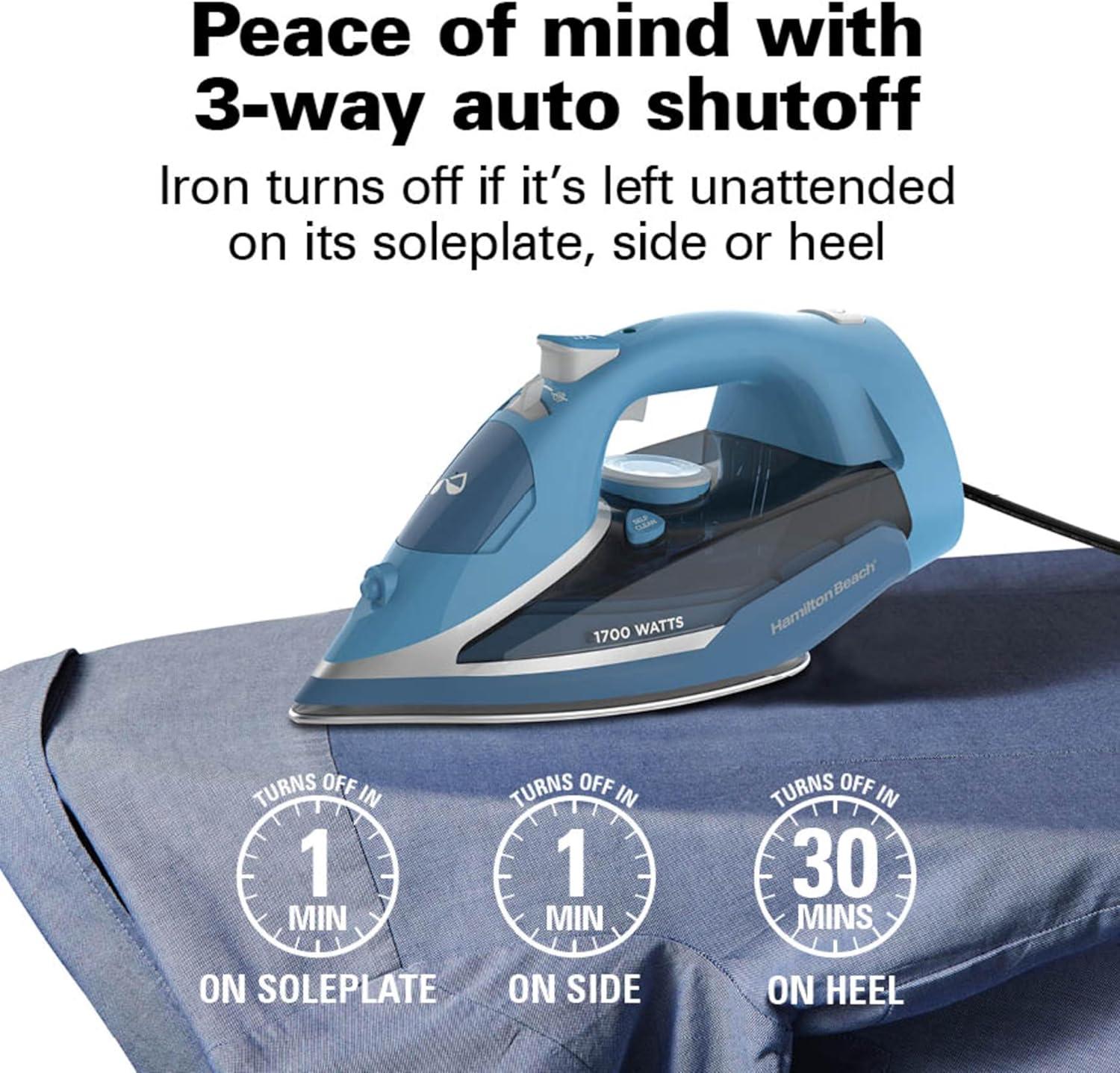 imageHamilton Beach Steam Iron for Clothes amp Garment Steamer with Durable Stainless Steel Soleplate 1700 Watts for UltraFast Heat 8 Retractable Cord Auto Shutoff 350 ml Water Tank Blue 14216