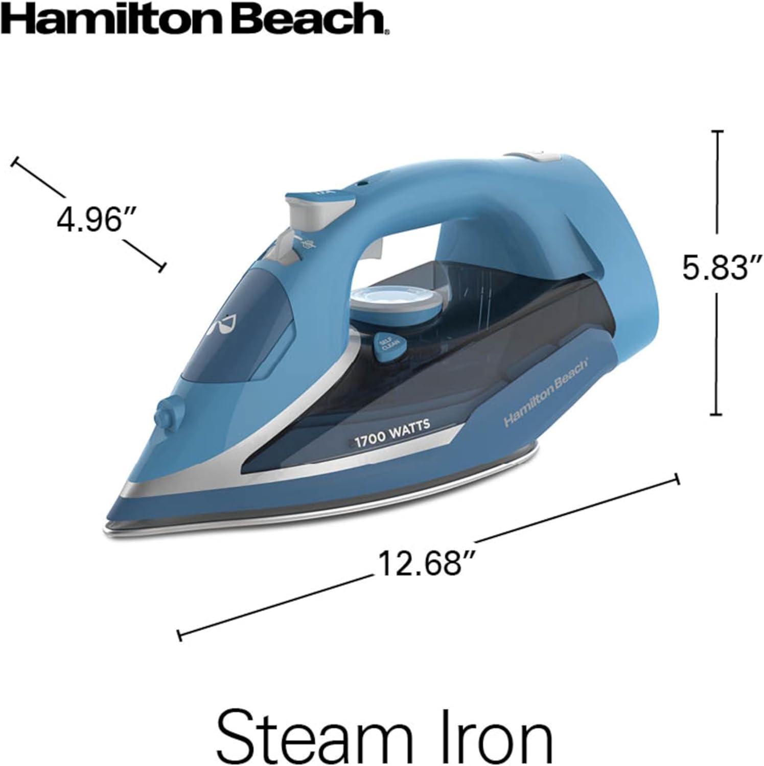 imageHamilton Beach Steam Iron for Clothes amp Garment Steamer with Durable Stainless Steel Soleplate 1700 Watts for UltraFast Heat 8 Retractable Cord Auto Shutoff 350 ml Water Tank Blue 14216