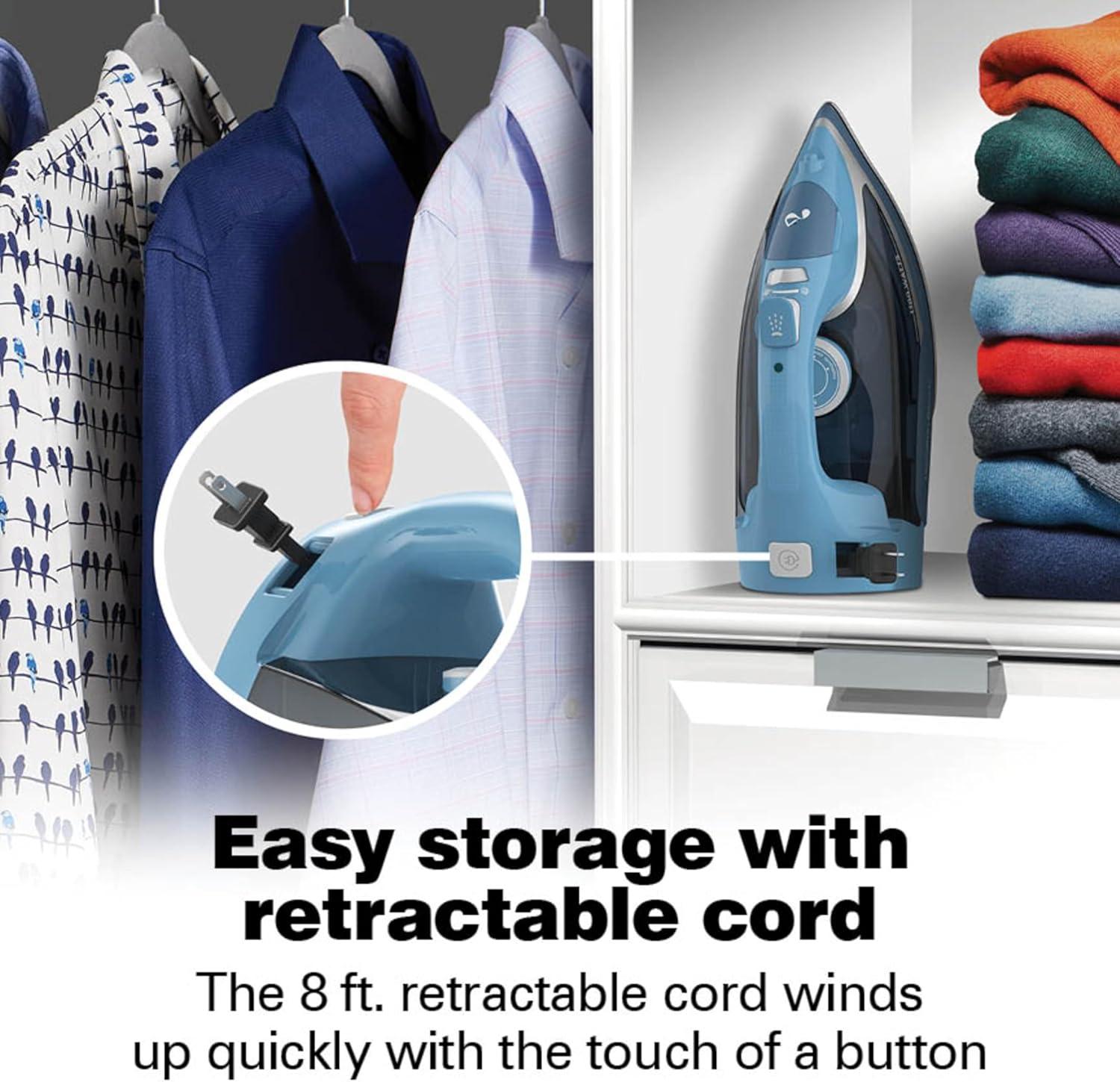 imageHamilton Beach Steam Iron for Clothes amp Garment Steamer with Durable Stainless Steel Soleplate 1700 Watts for UltraFast Heat 8 Retractable Cord Auto Shutoff 350 ml Water Tank Blue 14216