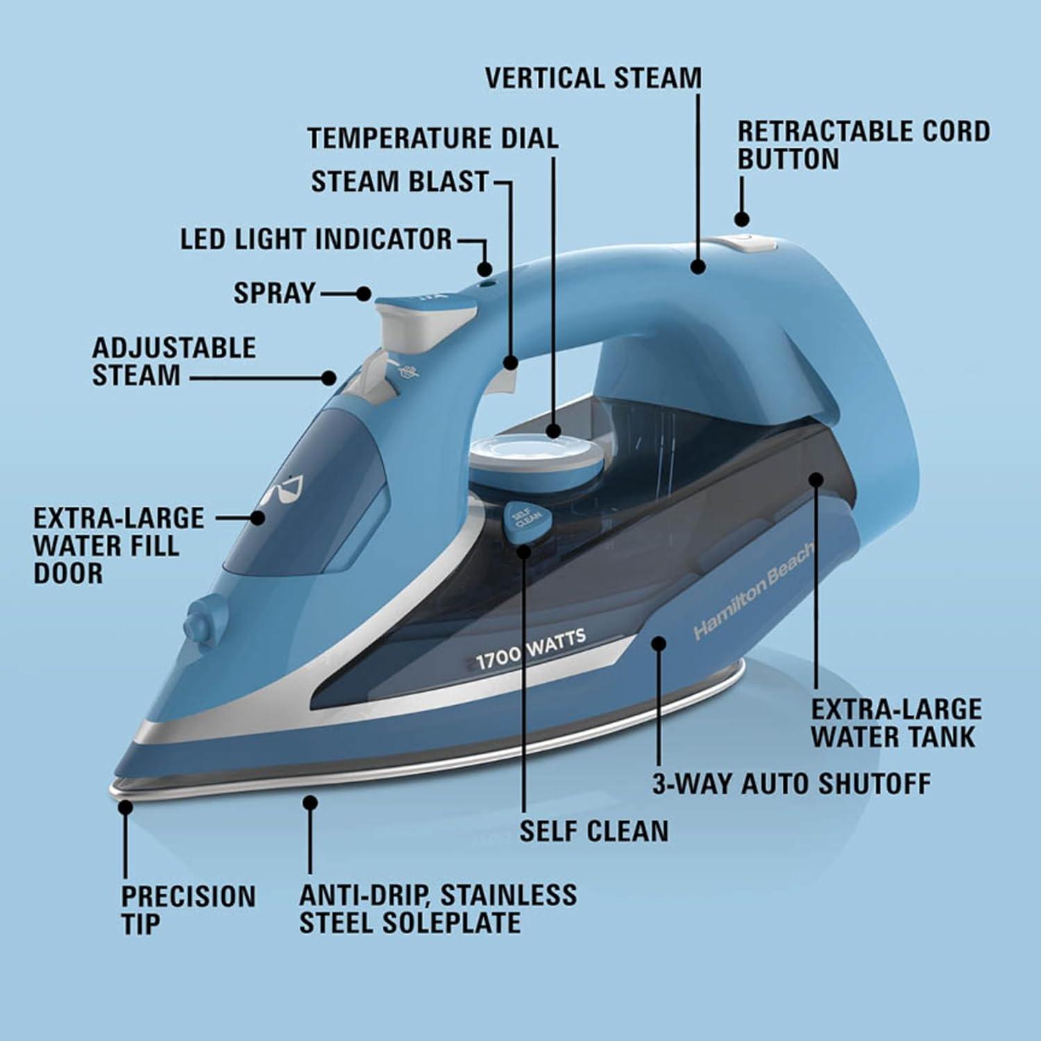 imageHamilton Beach Steam Iron for Clothes amp Garment Steamer with Durable Stainless Steel Soleplate 1700 Watts for UltraFast Heat 8 Retractable Cord Auto Shutoff 350 ml Water Tank Blue 14216