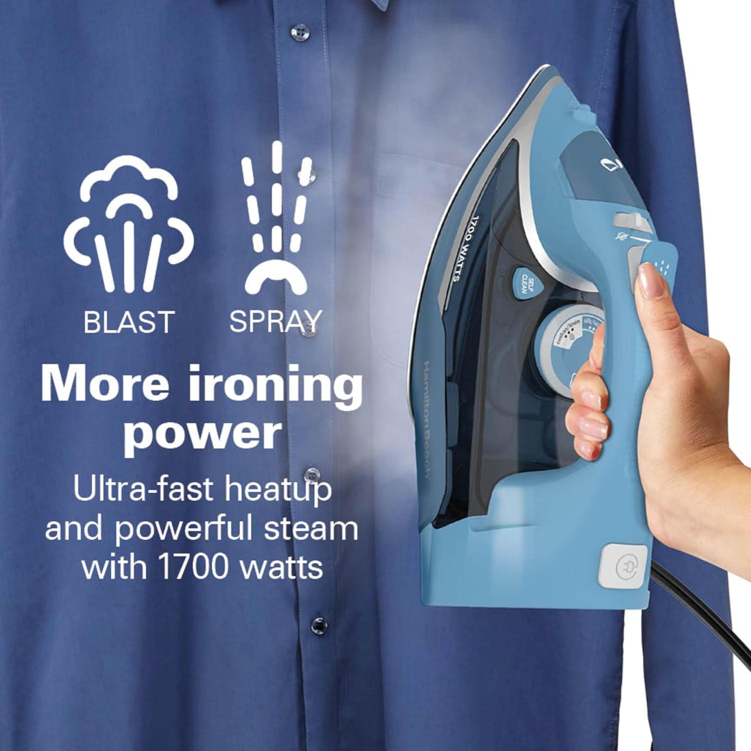 imageHamilton Beach Steam Iron for Clothes amp Garment Steamer with Durable Stainless Steel Soleplate 1700 Watts for UltraFast Heat 8 Retractable Cord Auto Shutoff 350 ml Water Tank Blue 14216