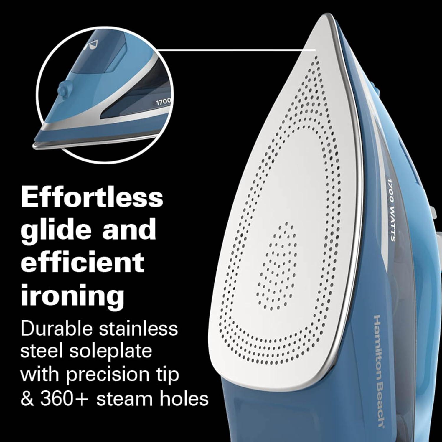 imageHamilton Beach Steam Iron for Clothes amp Garment Steamer with Durable Stainless Steel Soleplate 1700 Watts for UltraFast Heat 8 Retractable Cord Auto Shutoff 350 ml Water Tank Blue 14216
