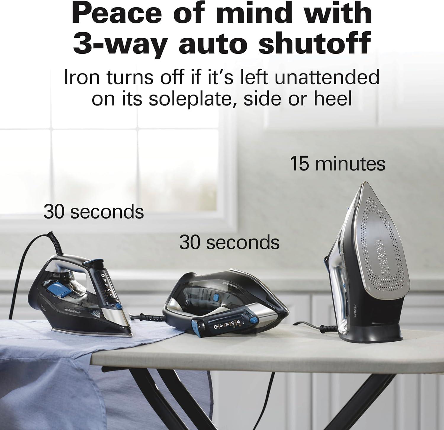 imageHamilton Beach Steam Iron for Clothes amp Garment Steamer with Intuitive FabricIQ Touchpad Durable Stainless Steel Soleplate 3Way Auto Shutoff 1800 Watts 350ml Water Tank 10 Cord Black 14950