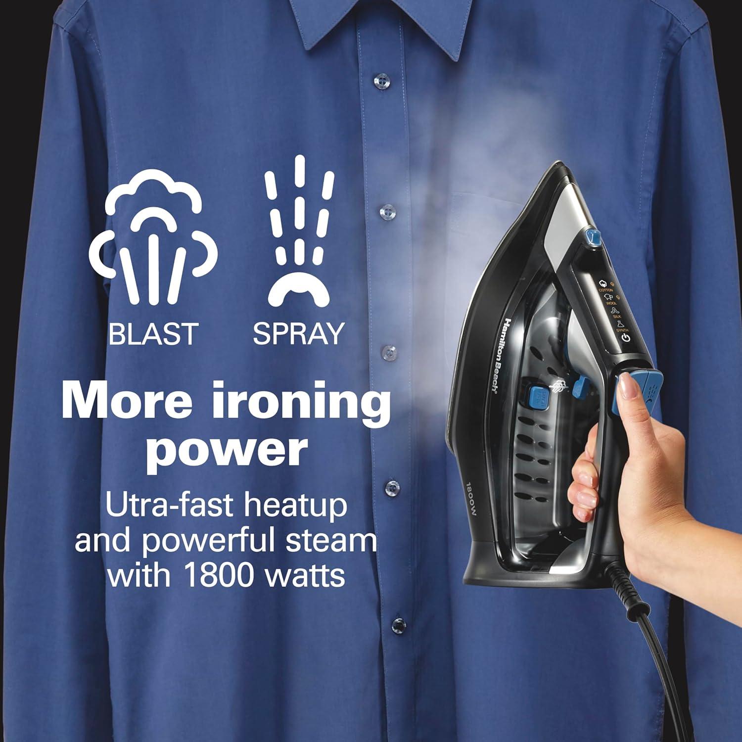 imageHamilton Beach Steam Iron for Clothes amp Garment Steamer with Intuitive FabricIQ Touchpad Durable Stainless Steel Soleplate 3Way Auto Shutoff 1800 Watts 350ml Water Tank 10 Cord Black 14950