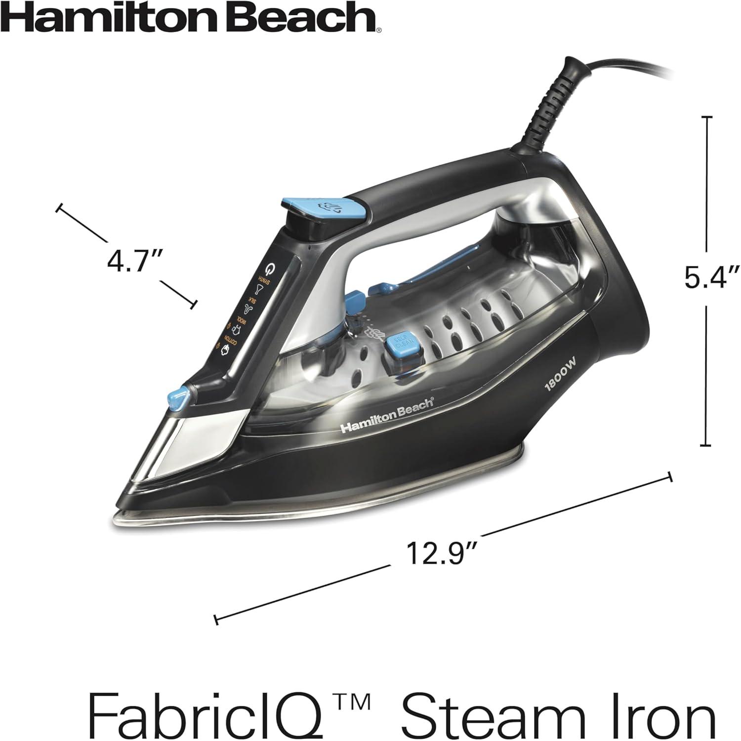 imageHamilton Beach Steam Iron for Clothes amp Garment Steamer with Intuitive FabricIQ Touchpad Durable Stainless Steel Soleplate 3Way Auto Shutoff 1800 Watts 350ml Water Tank 10 Cord Black 14950