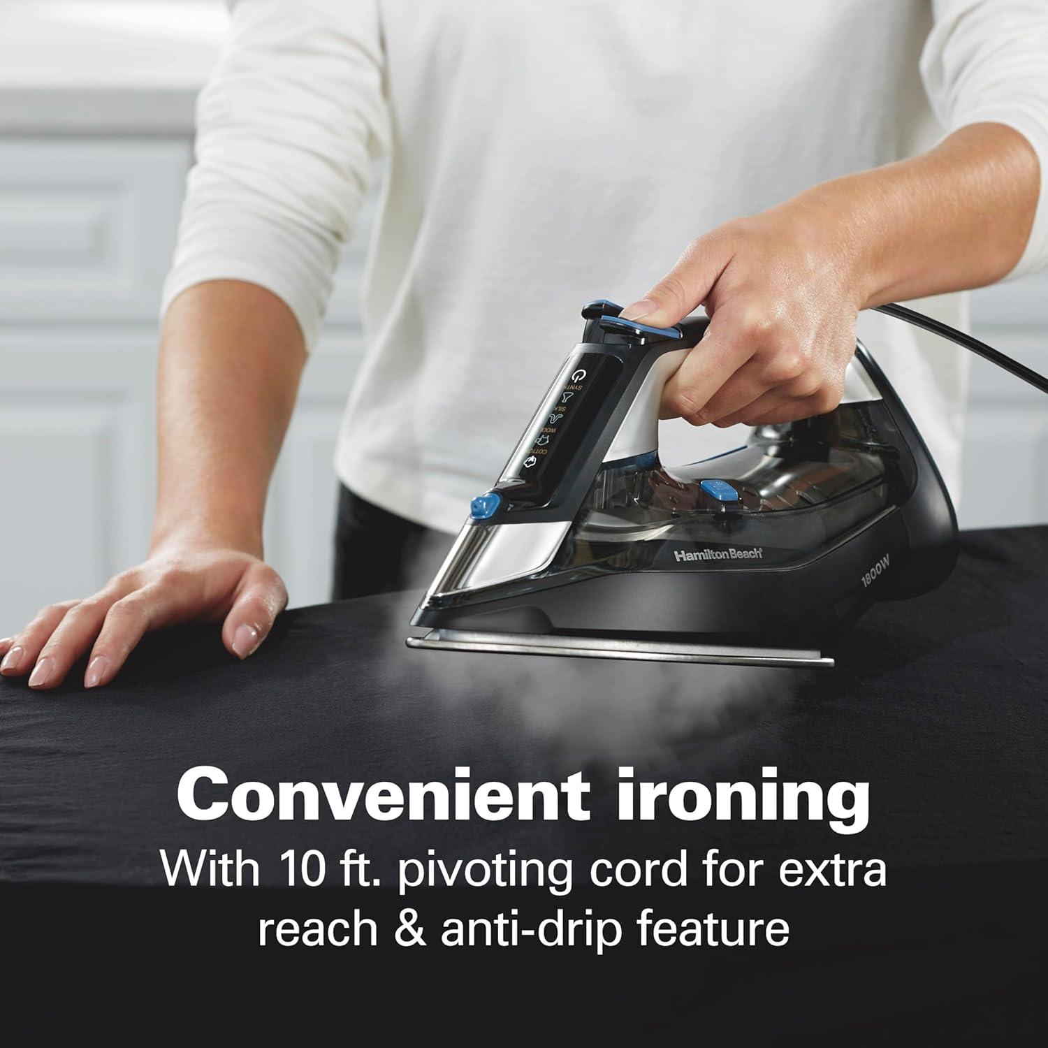 imageHamilton Beach Steam Iron for Clothes amp Garment Steamer with Intuitive FabricIQ Touchpad Durable Stainless Steel Soleplate 3Way Auto Shutoff 1800 Watts 350ml Water Tank 10 Cord Black 14950