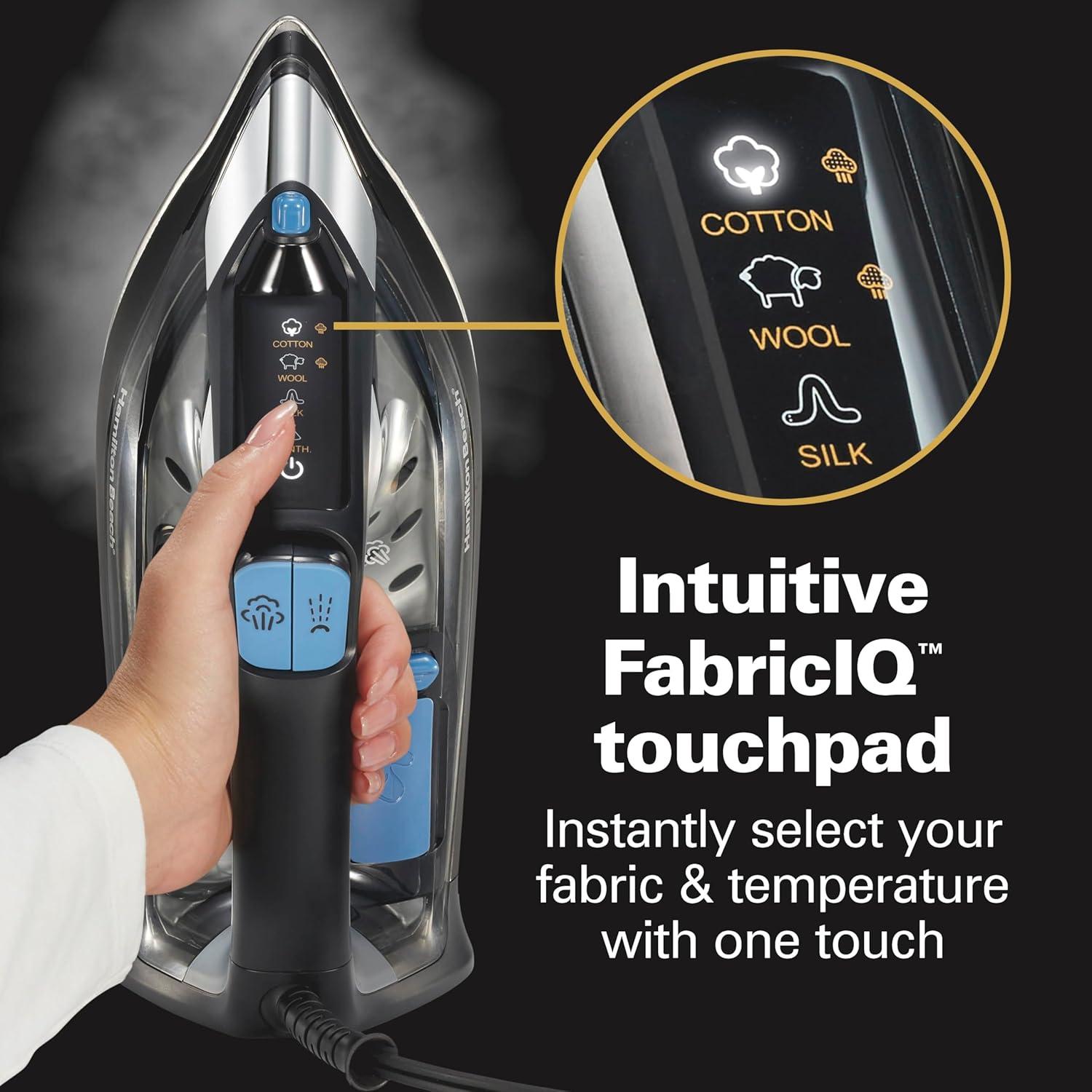imageHamilton Beach Steam Iron for Clothes amp Garment Steamer with Intuitive FabricIQ Touchpad Durable Stainless Steel Soleplate 3Way Auto Shutoff 1800 Watts 350ml Water Tank 10 Cord Black 14950