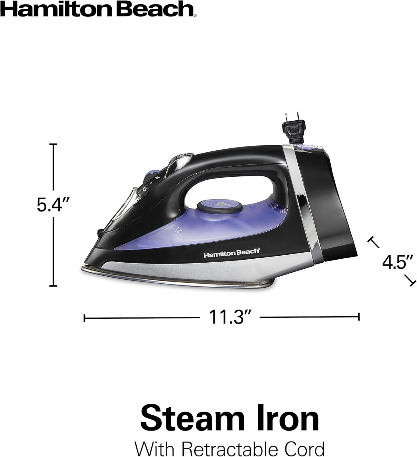 imageHamilton Beach Steam Iron for Clothes amp Garment Steamer with Smooth Press Stainless Steel Soleplate 1200 Watts 8 Retractable Cord Black 14214Retractable Cord