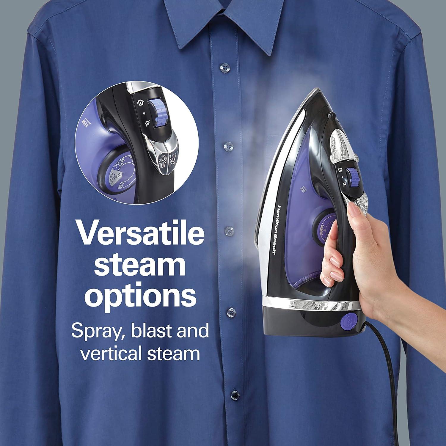 imageHamilton Beach Steam Iron for Clothes amp Garment Steamer with Smooth Press Stainless Steel Soleplate 1200 Watts 8 Retractable Cord Black 14214Retractable Cord Pack of 2