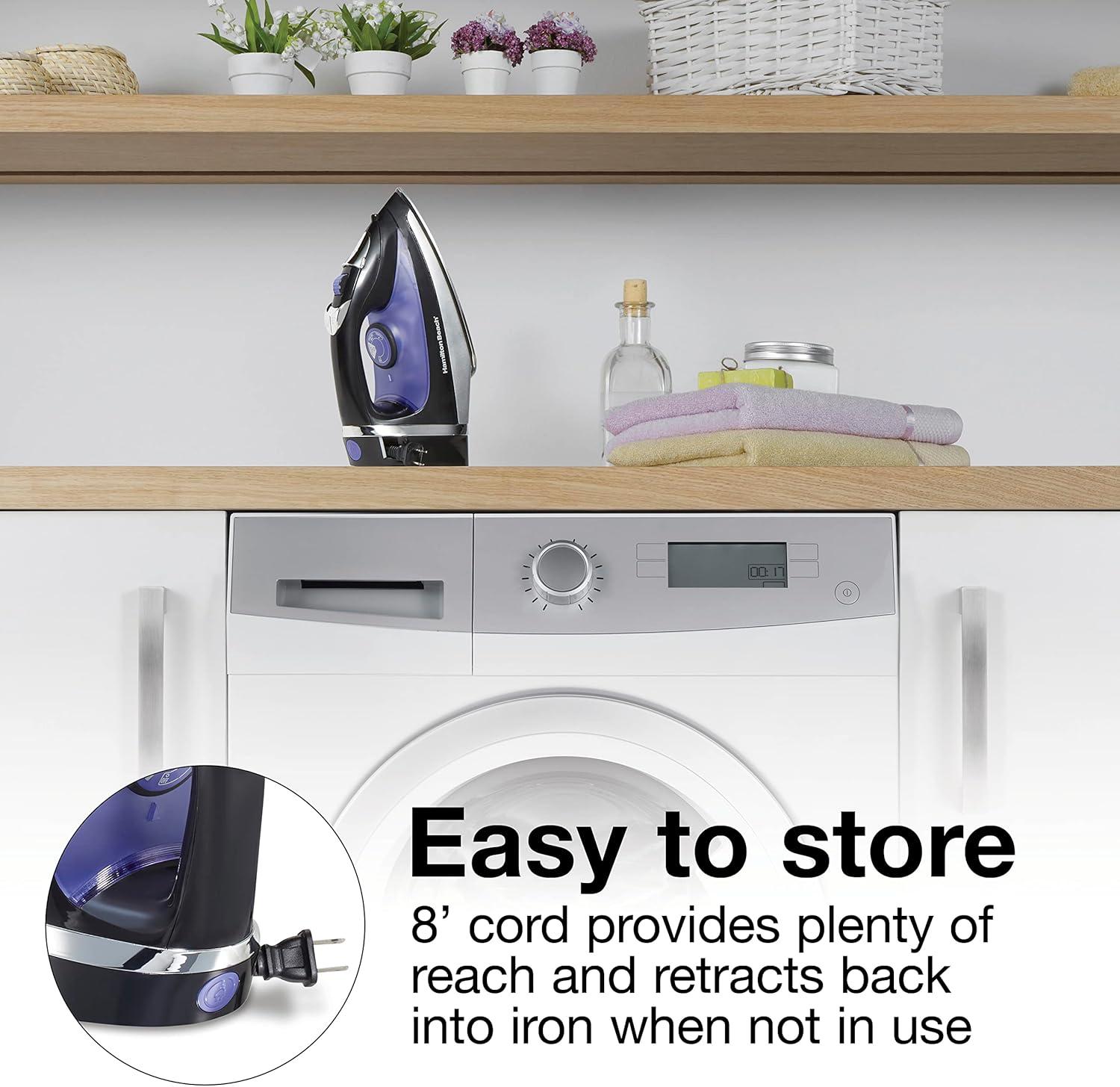 imageHamilton Beach Steam Iron for Clothes amp Garment Steamer with Smooth Press Stainless Steel Soleplate 1200 Watts 8 Retractable Cord Black 14214Retractable Cord Pack of 2