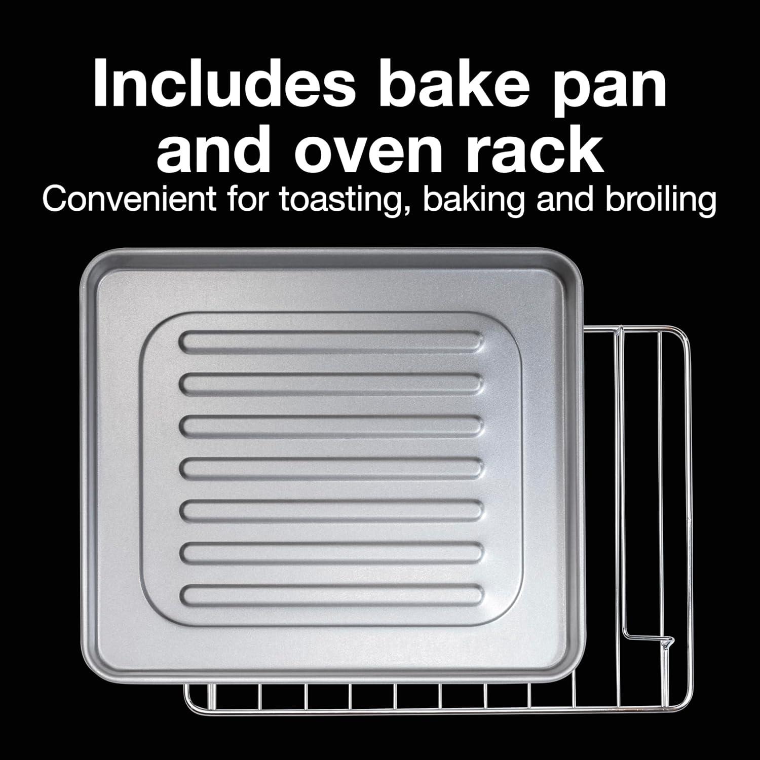 imageProctor Silex 4 Slice Countertop Toaster Oven MultiFunction with Bake Toast and Broiler 1100 Watts 30 min timer and autoshutoff Includes Backing Pan and Rack Black and Silver 31260