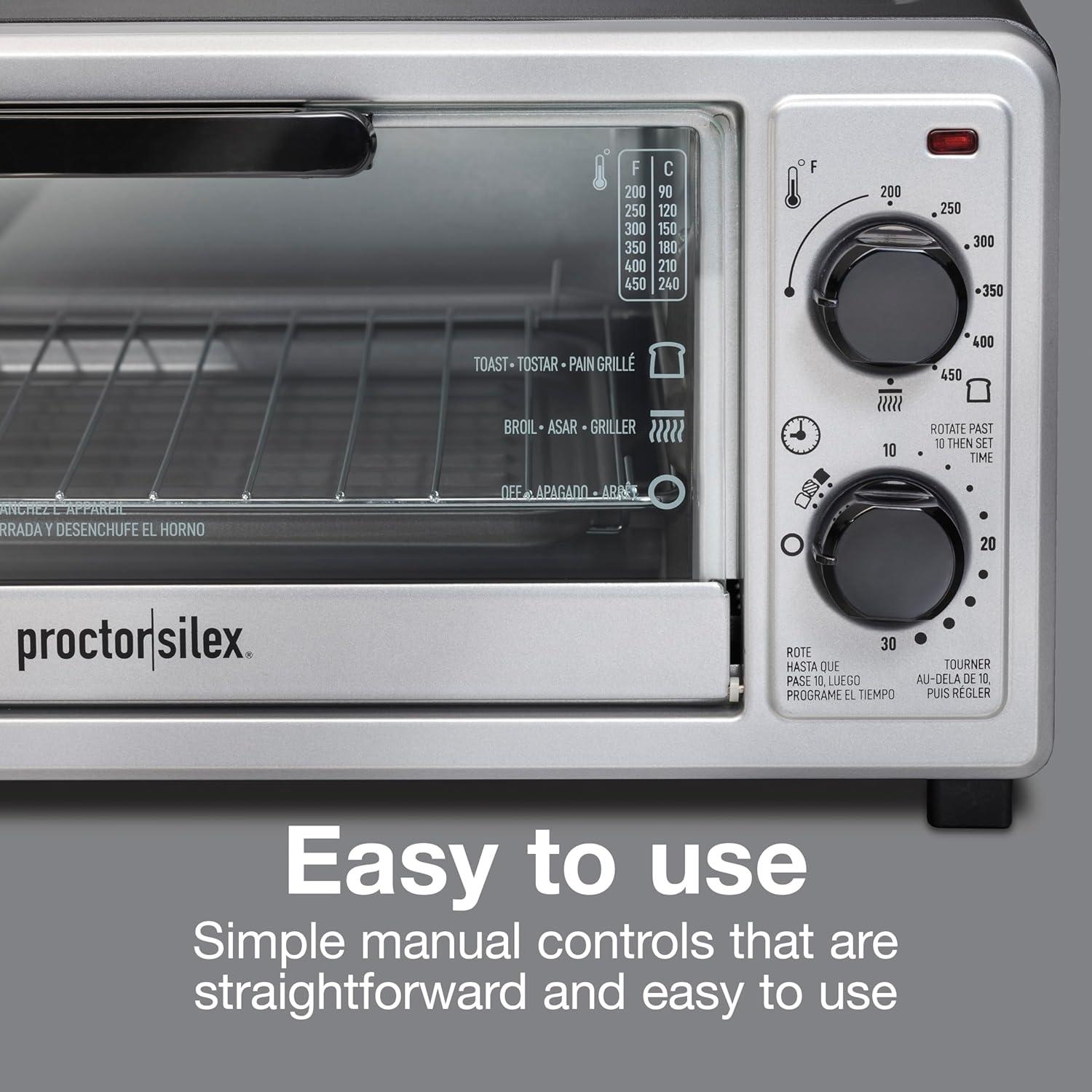 imageProctor Silex 4 Slice Countertop Toaster Oven MultiFunction with Bake Toast and Broiler 1100 Watts 30 min timer and autoshutoff Includes Backing Pan and Rack Black and Silver 31260