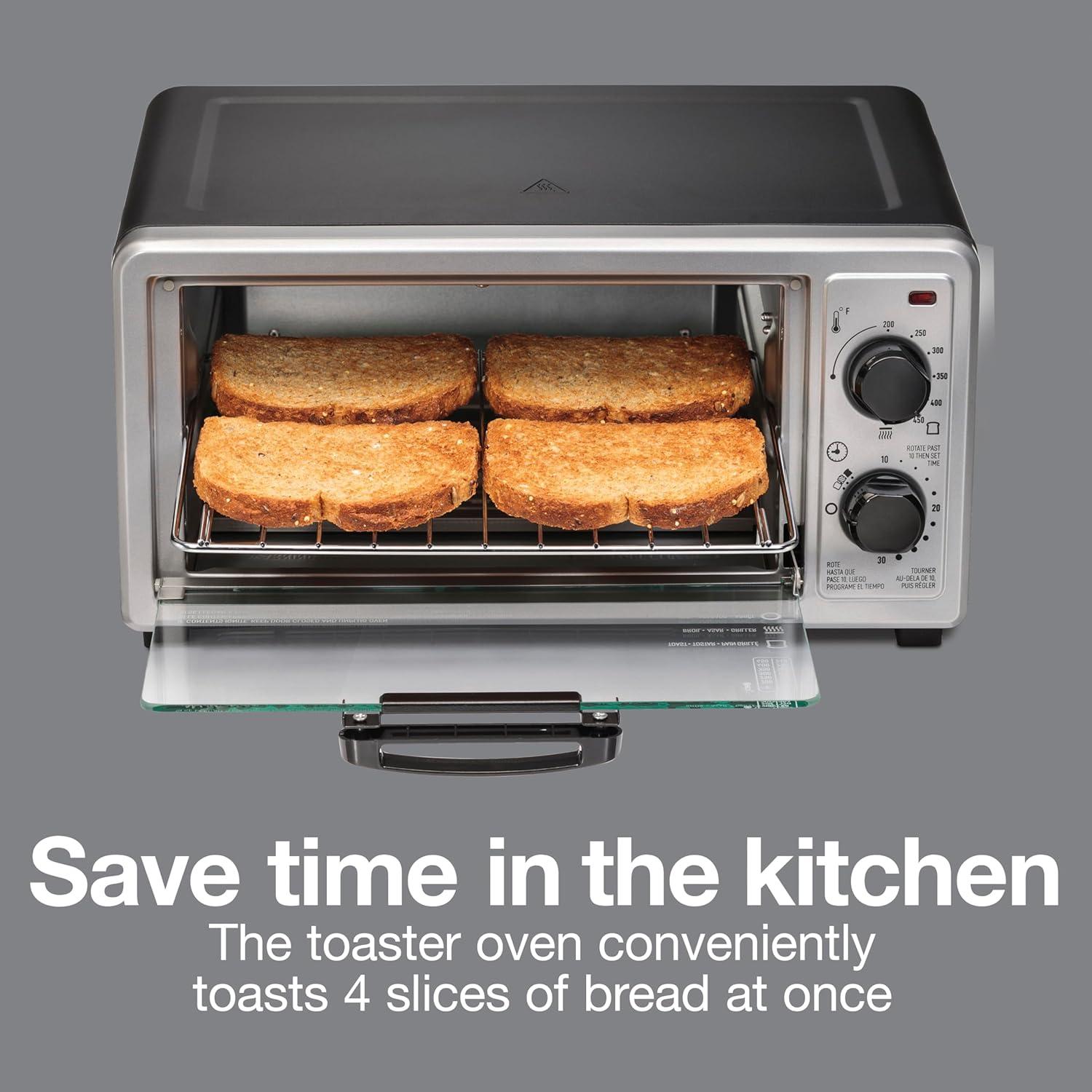 imageProctor Silex 4 Slice Countertop Toaster Oven MultiFunction with Bake Toast and Broiler 1100 Watts 30 min timer and autoshutoff Includes Backing Pan and Rack Black and Silver 31260