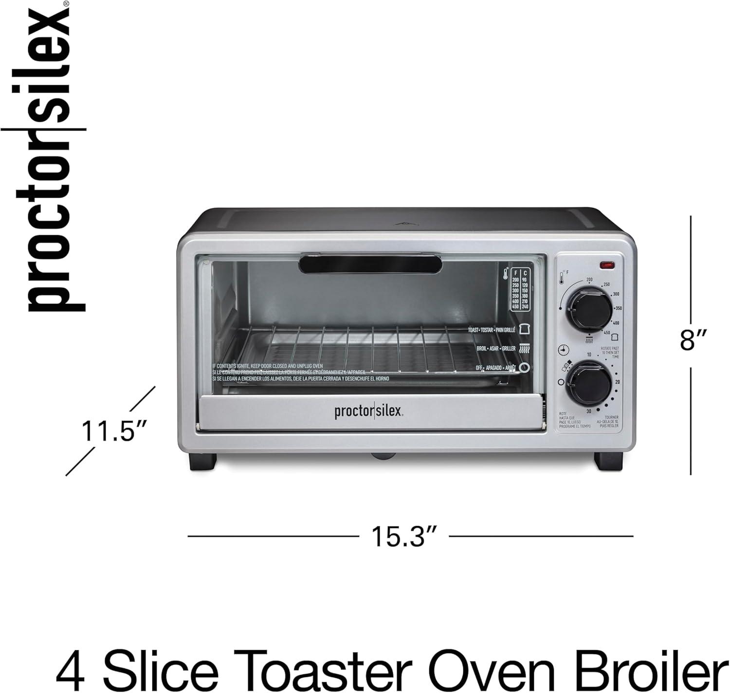 imageProctor Silex 4 Slice Countertop Toaster Oven MultiFunction with Bake Toast and Broiler 1100 Watts 30 min timer and autoshutoff Includes Backing Pan and Rack Black and Silver 31260