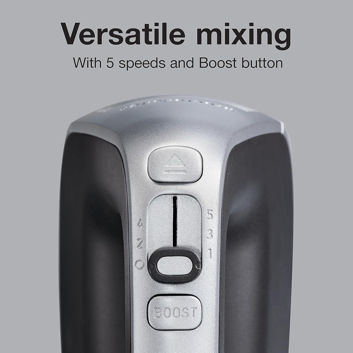 imageProctor Silex 5Speed Boost Electric Hand Mixer with Powerful 13 Amp DC Motor For Effortless Mixing amp Consistent Speed in Thick Ingredients Slow Start Silver 62501