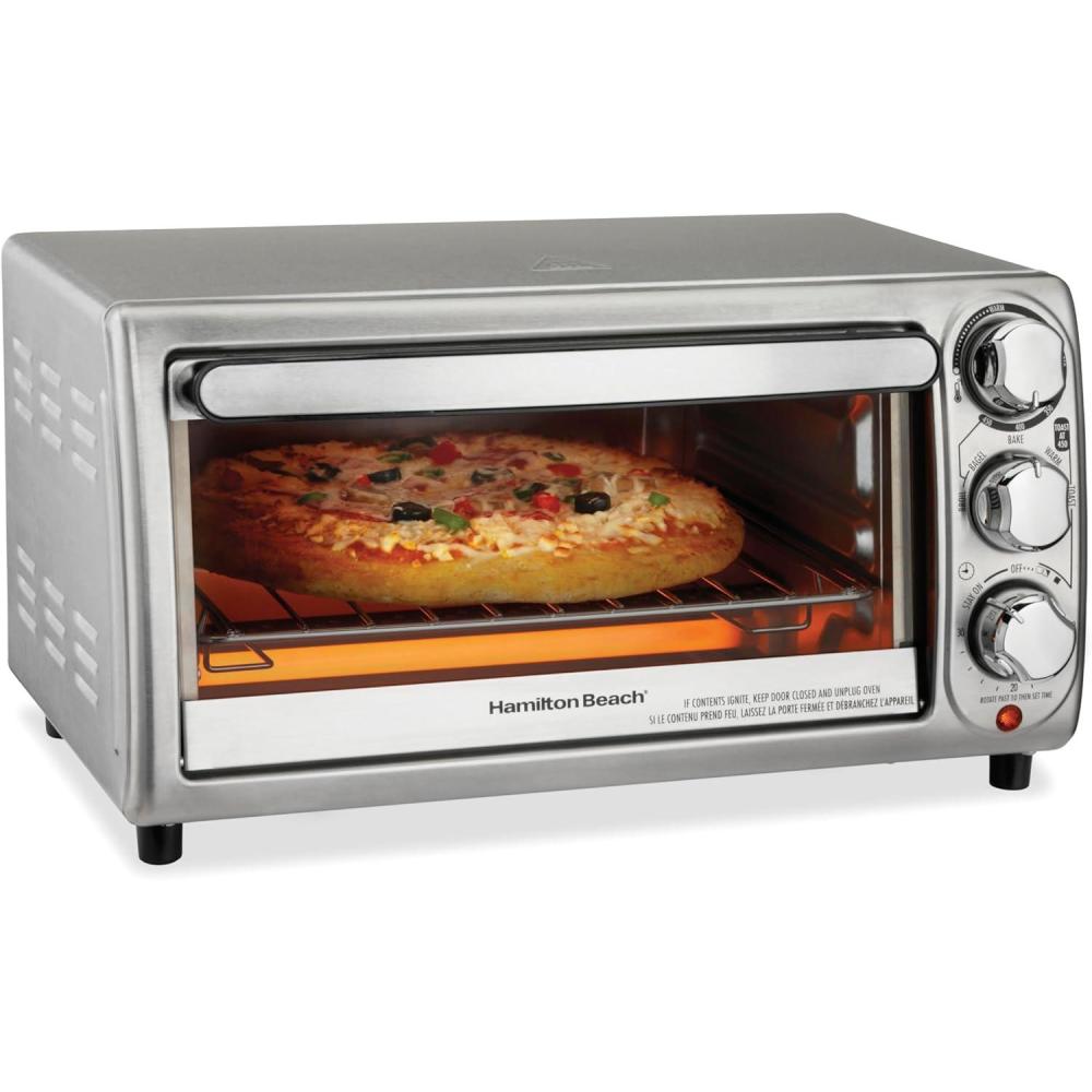 imageHamilton Beach 4Slice Toaster Oven with 5 Cooking Modes Bake Broil Keep Warm Toast amp Bagel with Stay On amp Auto Shutoff 2 Rack Positions 1100 Watts and 3 Accessories Stainless Steel 31143