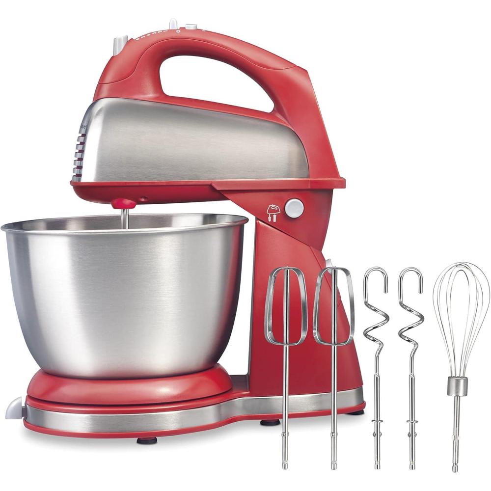 imageHamilton Beach Classic Stand and Hand Mixer 4 Quarts 6 Speeds with QuickBurst Bowl Rest 290 Watts Peak Power Blue 64658Red