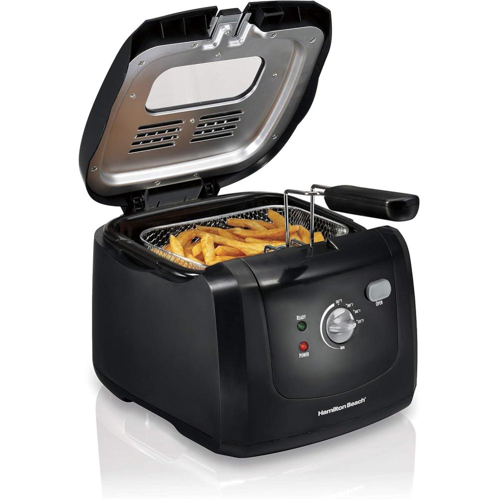 imageHamilton Beach Cool Touch Electric Deep Fryer with Basket and Lid 2 Liters  8 Cups Oil Capacity Adjustable Temperature 1500 Watts for Fast Heatup viewing Window Easy to Clean Black 35021Fryer