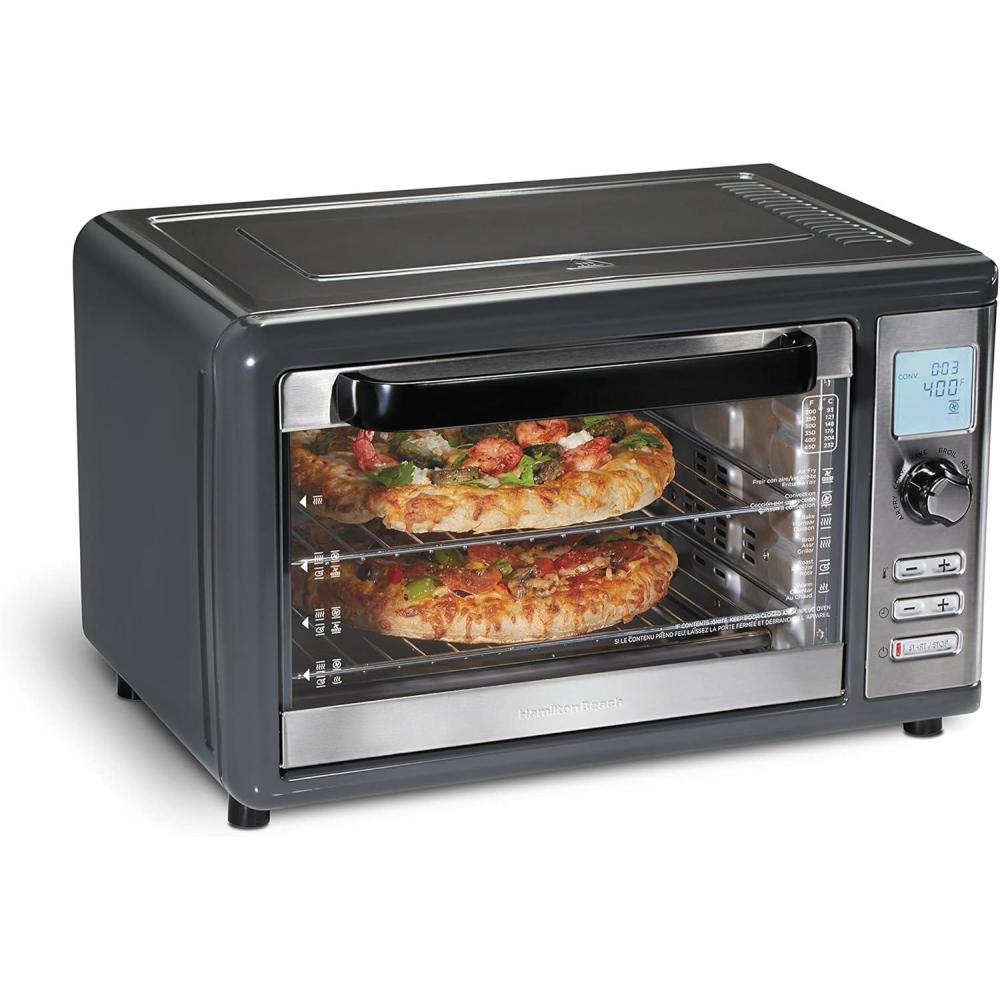 imageHamilton Beach Countertop Digital Air Fryer Oven with SureCrisp 6in1 Functionality 150450F Temp Range 1800W XL Capacity for 2 12 Pizzas Two 9 x 13 Pans and 4 Rack Positions Grey 31390