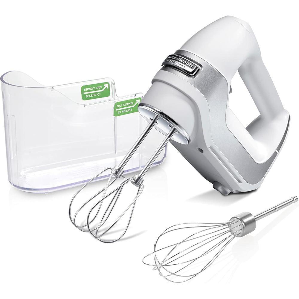 imageHamilton Beach Professional 5Speed Electric Hand Mixer with HighPerformance DC Motor Slow Start SnapOn Storage Case Stainless Steel Beaters Dough Hooks amp Whisk Red and Chrome 62653White