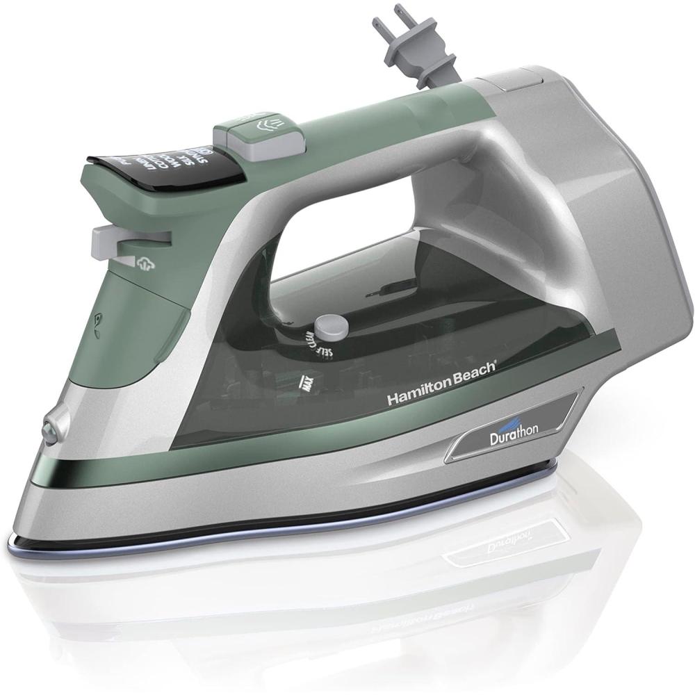 imageHamilton Beach Steam Iron amp Vertical Steamer for Clothes with ScratchResistant Durathon Soleplate Digital Fabric Selector 8 Retractable Cord 3Way Auto Shutoff AntiDrip 1800 Watts Green1800 Watts