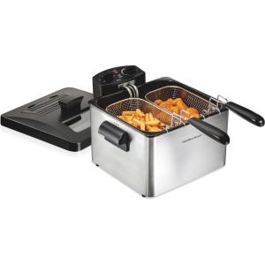 Hamilton Beach Electric Deep Fryer with Basket and Lid, 4.5 Liters / 19 Cups Oil Capacity, Temperature Control, View Window, Professional Style, 1800 Watts, Stainless Steel (35035A)(Two Frying Baskets  Stainless Steel)