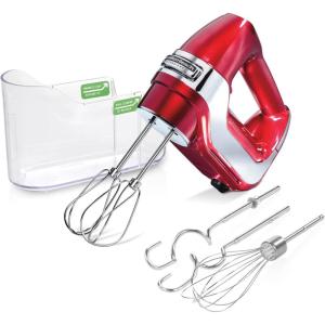 Hamilton Beach Professional 5-Speed Electric Hand Mixer with High-Performance DC Motor, Slow Start, Snap-On Storage Case, Stainless Steel Beaters, Dough Hooks & Whisk, Red and Chrome (62653)(Red and Chrome)