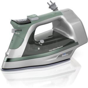 Hamilton Beach Steam Iron & Vertical Steamer for Clothes with Scratch-Resistant Durathon Soleplate, Digital Fabric Selector + 8’ Retractable Cord, 3-Way Auto Shutoff, Anti-Drip, 1800 Watts, Green(1800 Watts)
