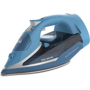 Hamilton Beach Steam Iron for Clothes & Garment Steamer with Durable Stainless Steel Soleplate, 1700 Watts for Ultra-Fast Heat, 8’ Retractable Cord, Auto Shutoff, 350 ml Water Tank, Blue (14216)
