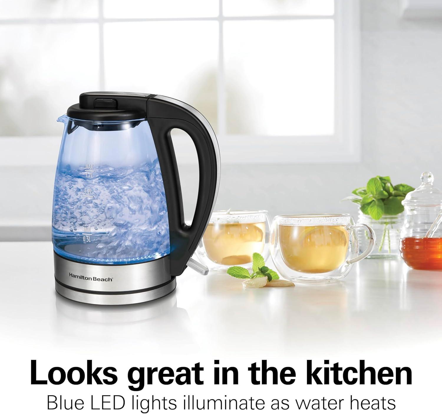 imageHamilton Beach 17L Electric Kettle Water Boiler amp Heater LED Indicator BuiltIn Mesh Filter AutoShutoff amp BoilDry Protection Cordless Serving Clear Glass 40864Clear Glass
