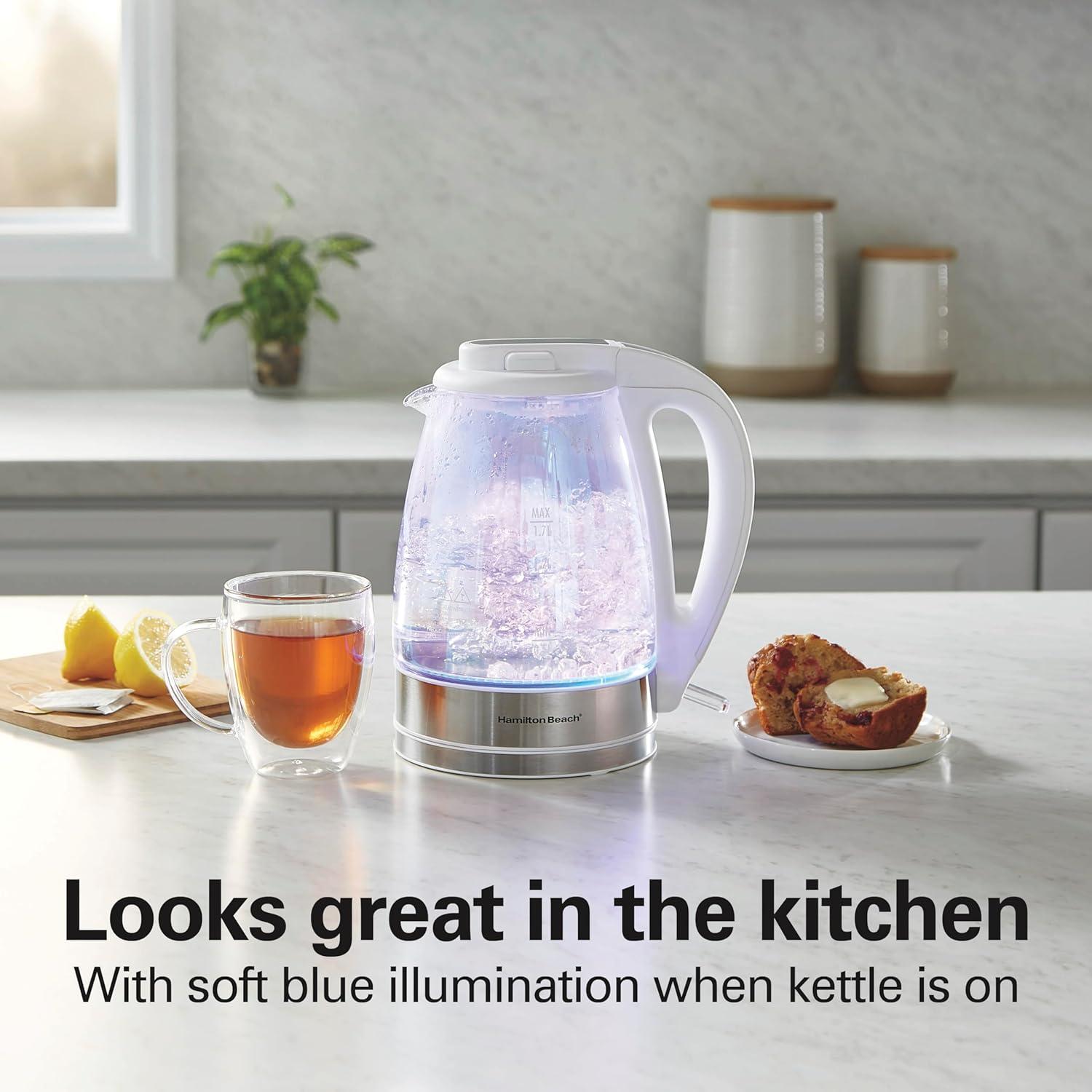 imageHamilton Beach 17L Electric Kettle Water Boiler amp Heater LED Indicator BuiltIn Mesh Filter AutoShutoff amp BoilDry Protection Cordless Serving Clear Glass 40864Iridescent Clear Glass