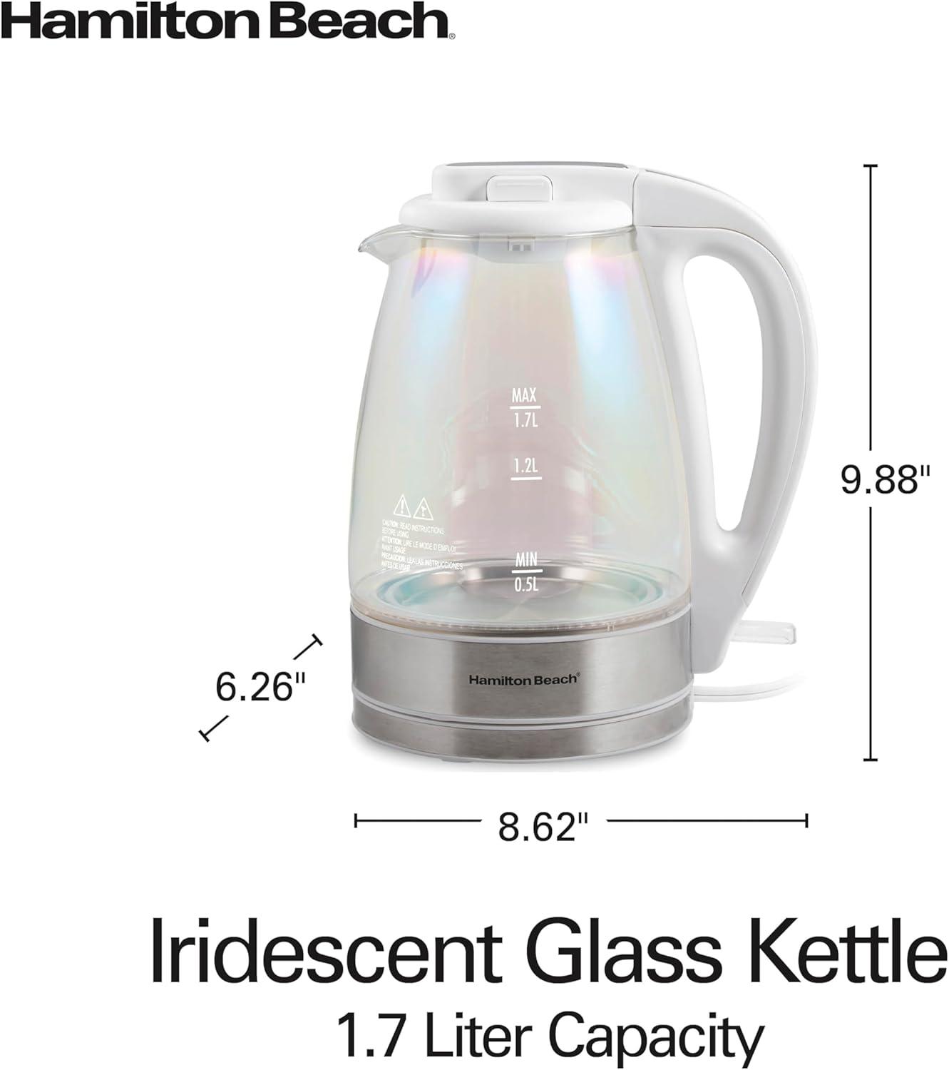 imageHamilton Beach 17L Electric Kettle Water Boiler amp Heater LED Indicator BuiltIn Mesh Filter AutoShutoff amp BoilDry Protection Cordless Serving Clear Glass 40864Iridescent Clear Glass