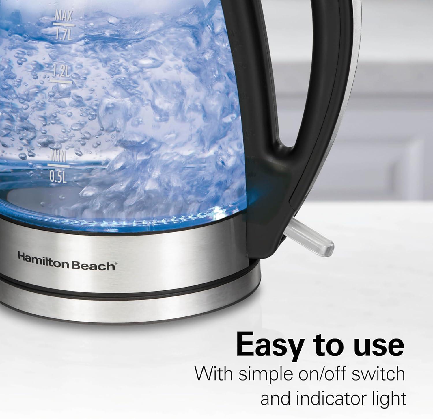 imageHamilton Beach 17L Electric Kettle Water Boiler amp Heater LED Indicator BuiltIn Mesh Filter AutoShutoff amp BoilDry Protection Cordless Serving Clear Glass 40864Clear Glass